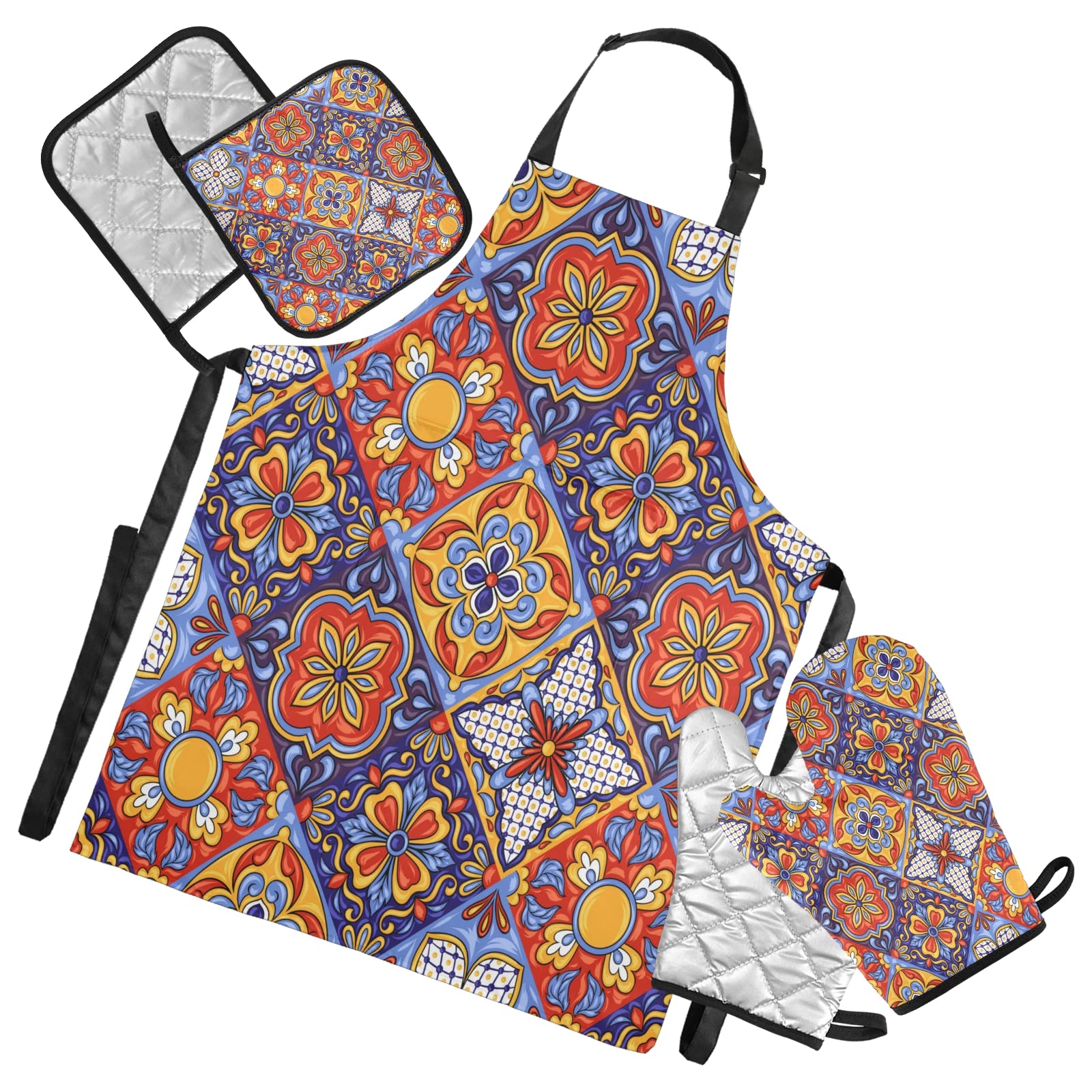 Mexican Talavera Tile Print Kitchen Linen Set - Cooking Apron, 2 Potholders & 2 Oven Mitts - Chef Accessories for Men & Women - Perfect for Cooking, Baking and Kitchen Decor