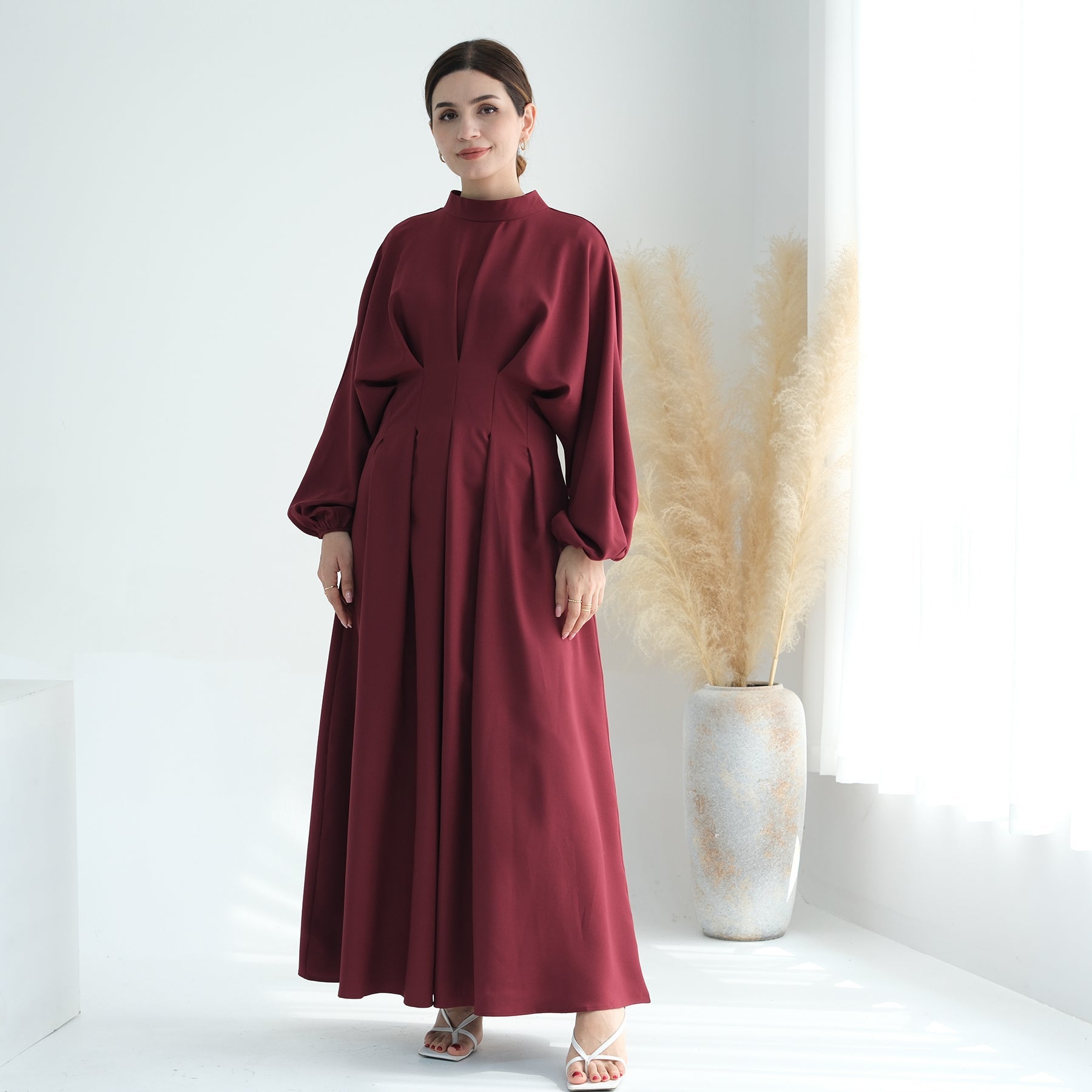 Madison Long Sleeve Maxi Dress for Women - Elegant Wine Red Flowy Formal Gown with Side Slits, Perfect for Weddings, Parties & Special Occasions