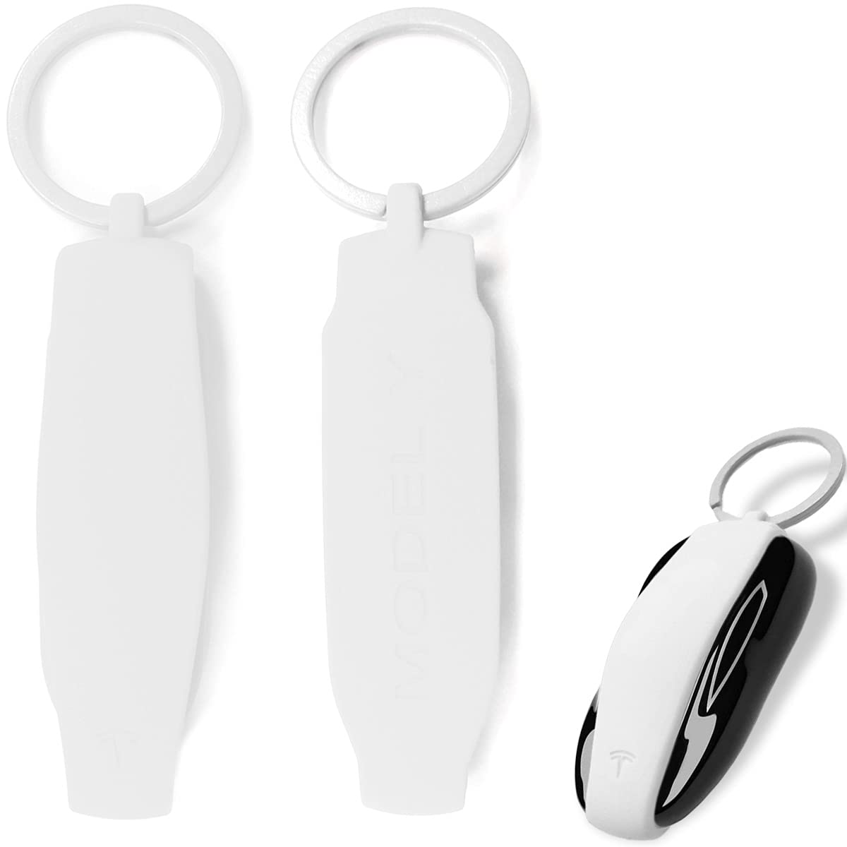 Heenvn 2 Pack Silicone Keychain Cover for Tesla Model Y - Durable Replacement Key Fob Protector with Metal Ring (White) | Perfect for Key Organization, Car Accessory Protection & Everyday Use