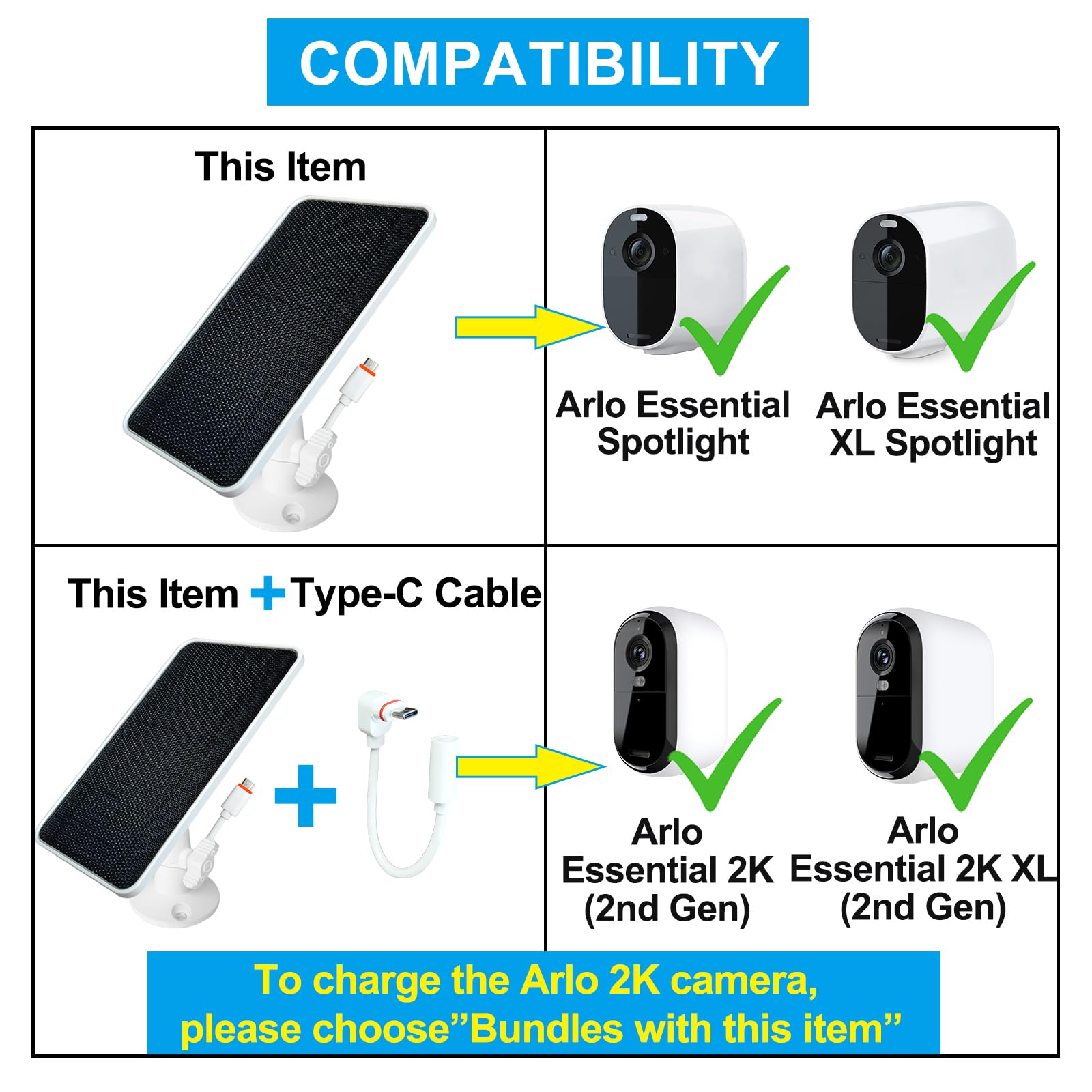 JJMASEE Solar Panel Charger for Arlo Essential Spotlight/XL Spotlight Camera - Weatherproof 13FT Micro USB Cable & Aluminum Alloy Mount (1 Pack) - Outdoor Security Camera Power Solution for Home Surveillance