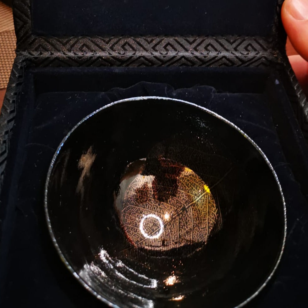 Authentic Tenmoku Tea Bowl from Fujian China - Jianzhan Jian Ware, Black Gold Blue Glaze, Golden Leaf Design, 8.8cm - Perfect for Matcha Ceremony & Zen Tea Drinking