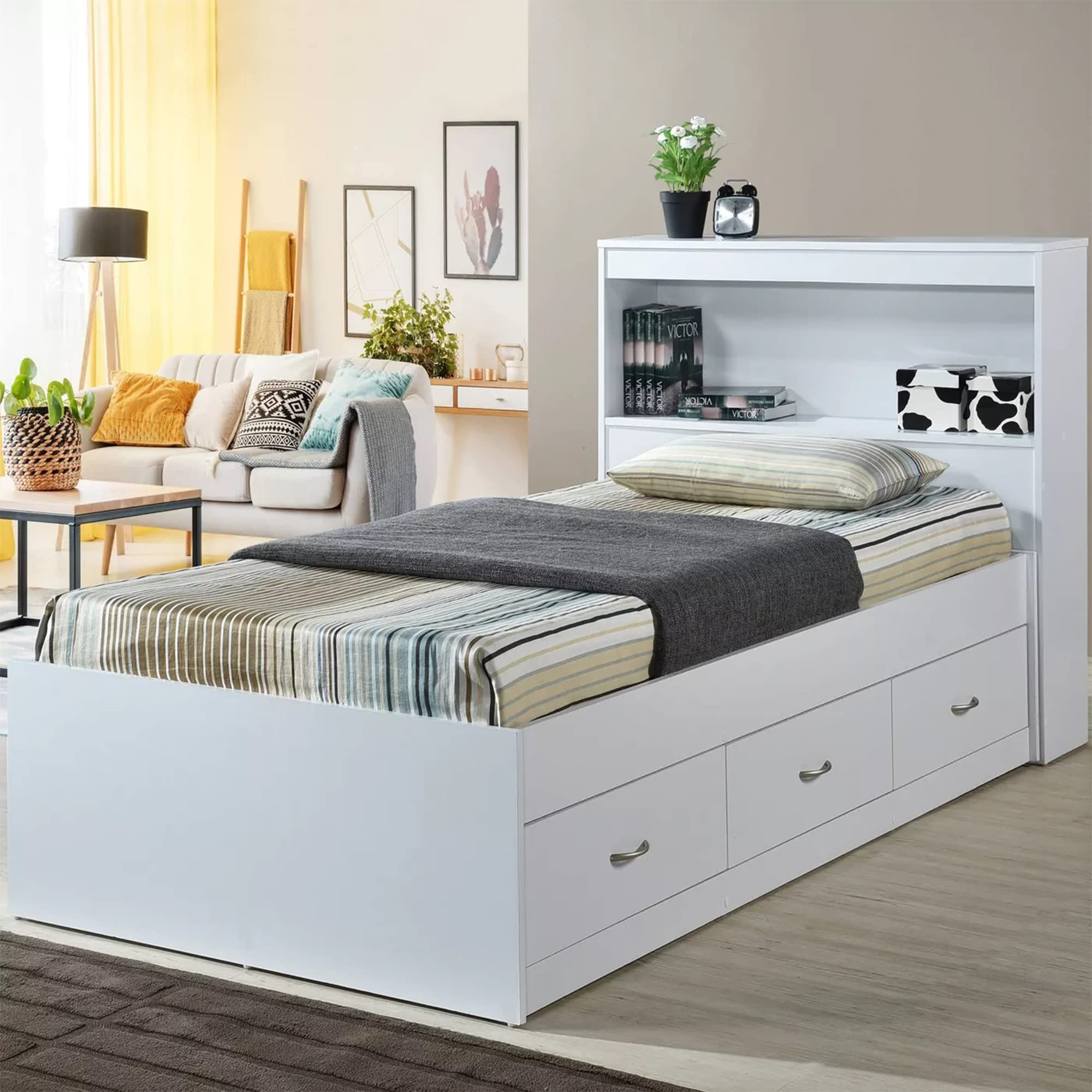 HODEDAH Twin Size Wood Platform Bed with Bookcase Headboard & 3 Drawers - White | Space-Saving Storage Solution for Small Bedrooms, Kids Rooms & Dorm Rooms | Sturdy Wooden Bed Frame with Built-in Organization