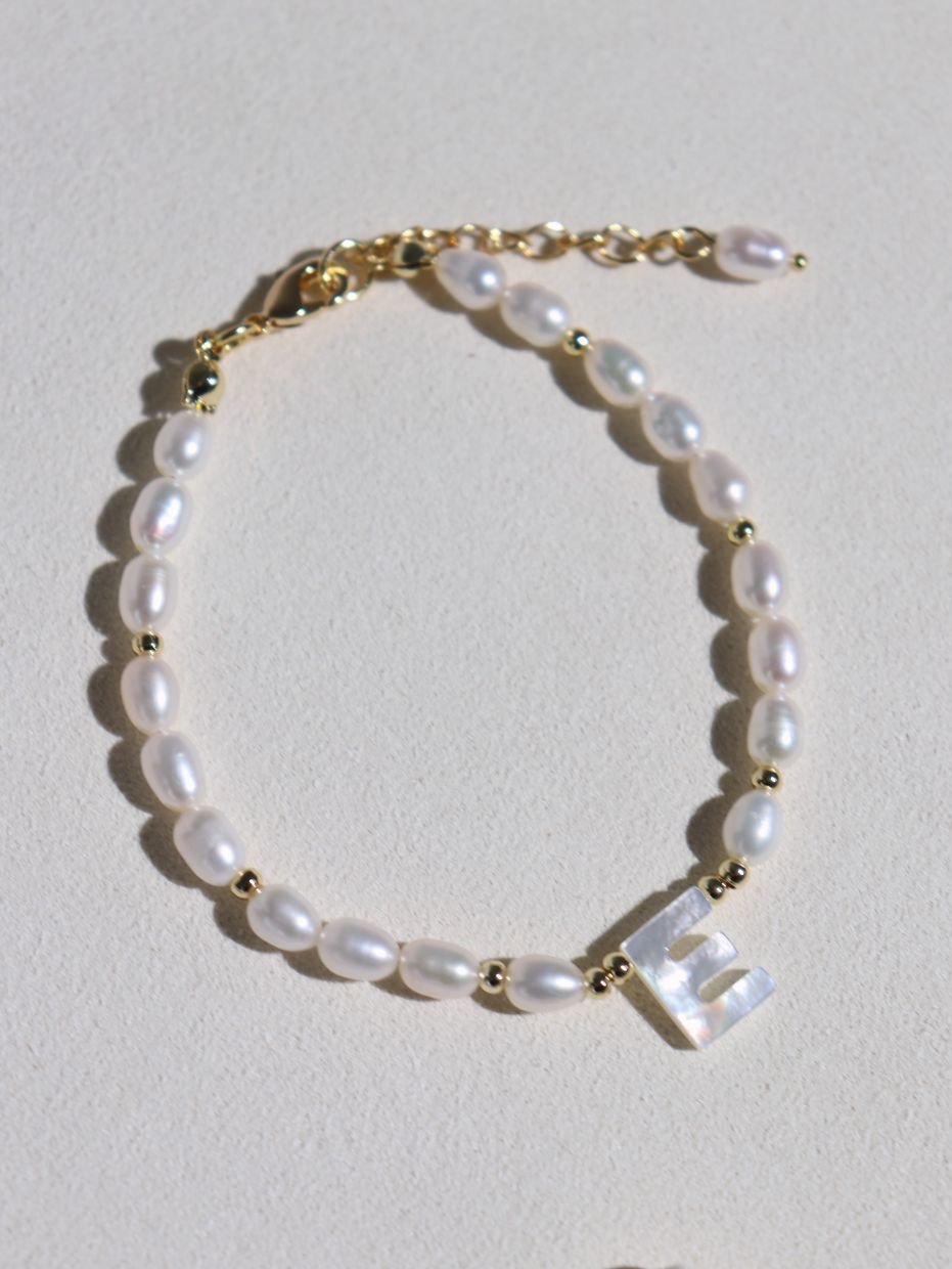 Pearl & Mother of Pearl Letter Bracelet for Women - Personalized Initial Charm Jewelry Gift for Birthday, Anniversary, or Everyday Wear