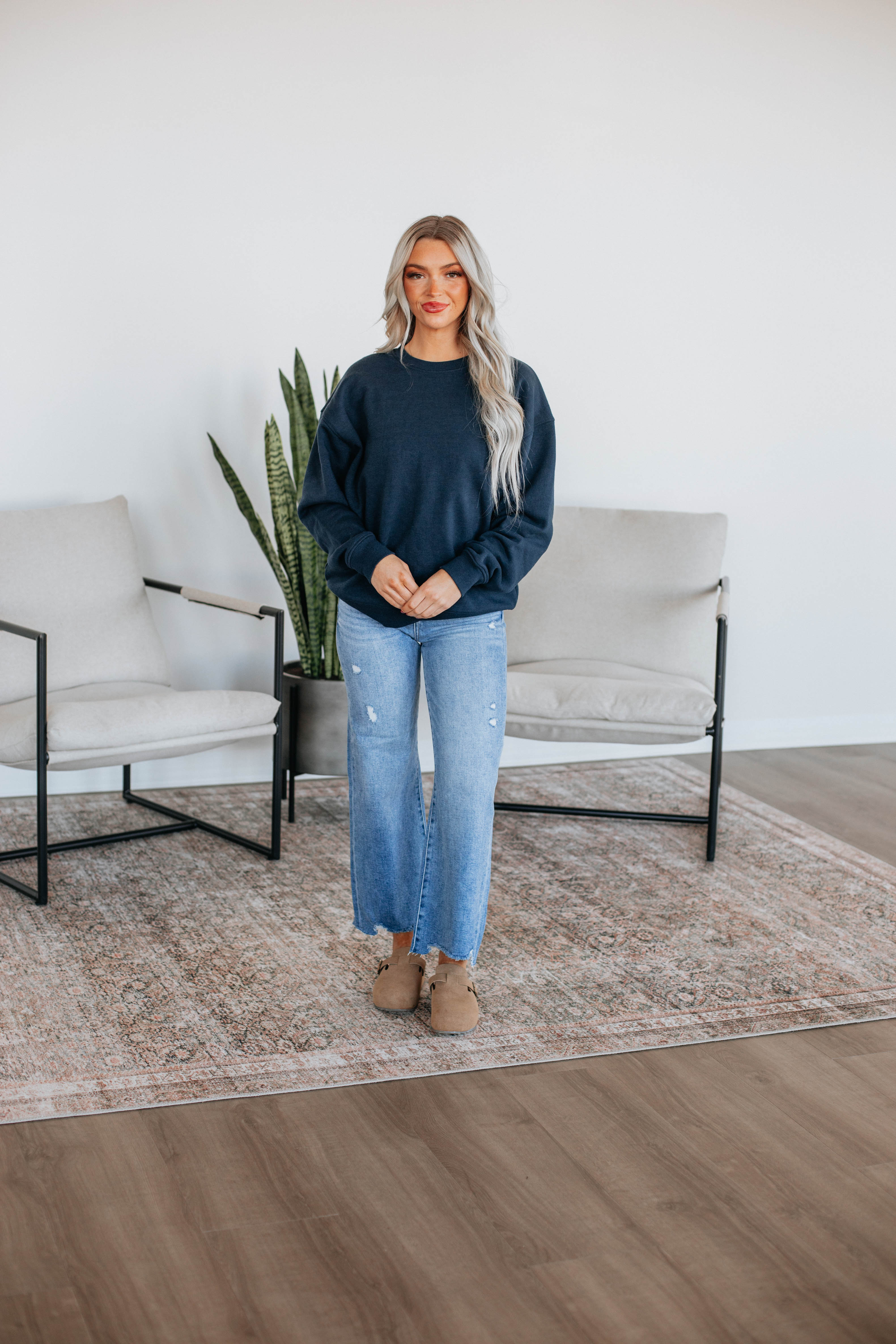 Jandi Lounge Crewneck Sweatshirt for Women - Soft & Comfortable Navy Pullover - Perfect for Casual Wear, Lounging & Travel