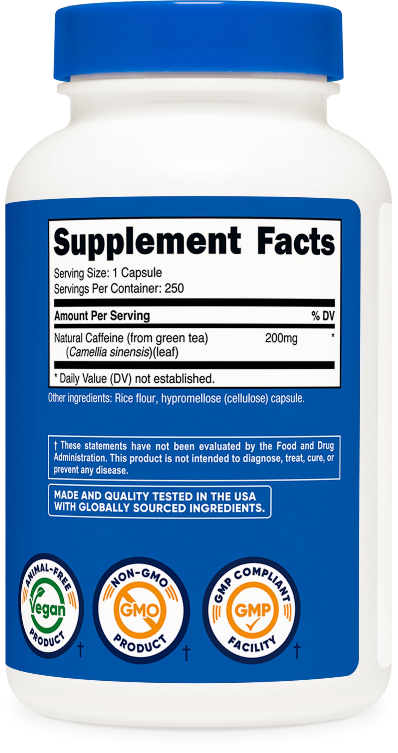 Nutricost Natural Caffeine 200mg, 250 Vegetarian Capsules - Gluten Free, Non-GMO Supplement for Energy & Focus - Perfect for Workouts, Studying & Morning Boost