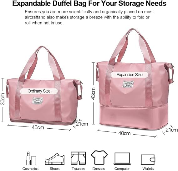 Foldable Expandable Travel Duffel Bag - Waterproof Sports Gym Tote & Weekender Overnight Shoulder Bag for Women - Perfect for Travel, Gym, Sports & Weekend Getaways