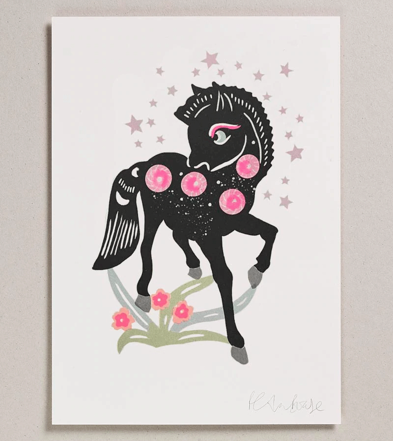 Petra Boas A4 Pony Risograph Art Print - Perfect for Home Decor, Office Wall Art & Unique Gifts
