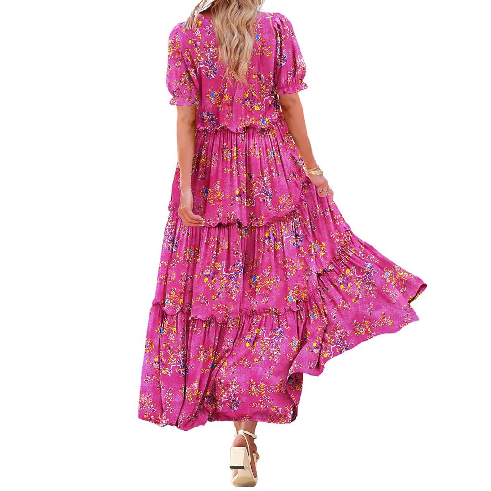 2024 Women's Boho Floral Maxi Dress - Loose Fit Crewneck Summer Dress with Ruffles & Graphic Print | Perfect for Vacation, Beach & Sun Outings