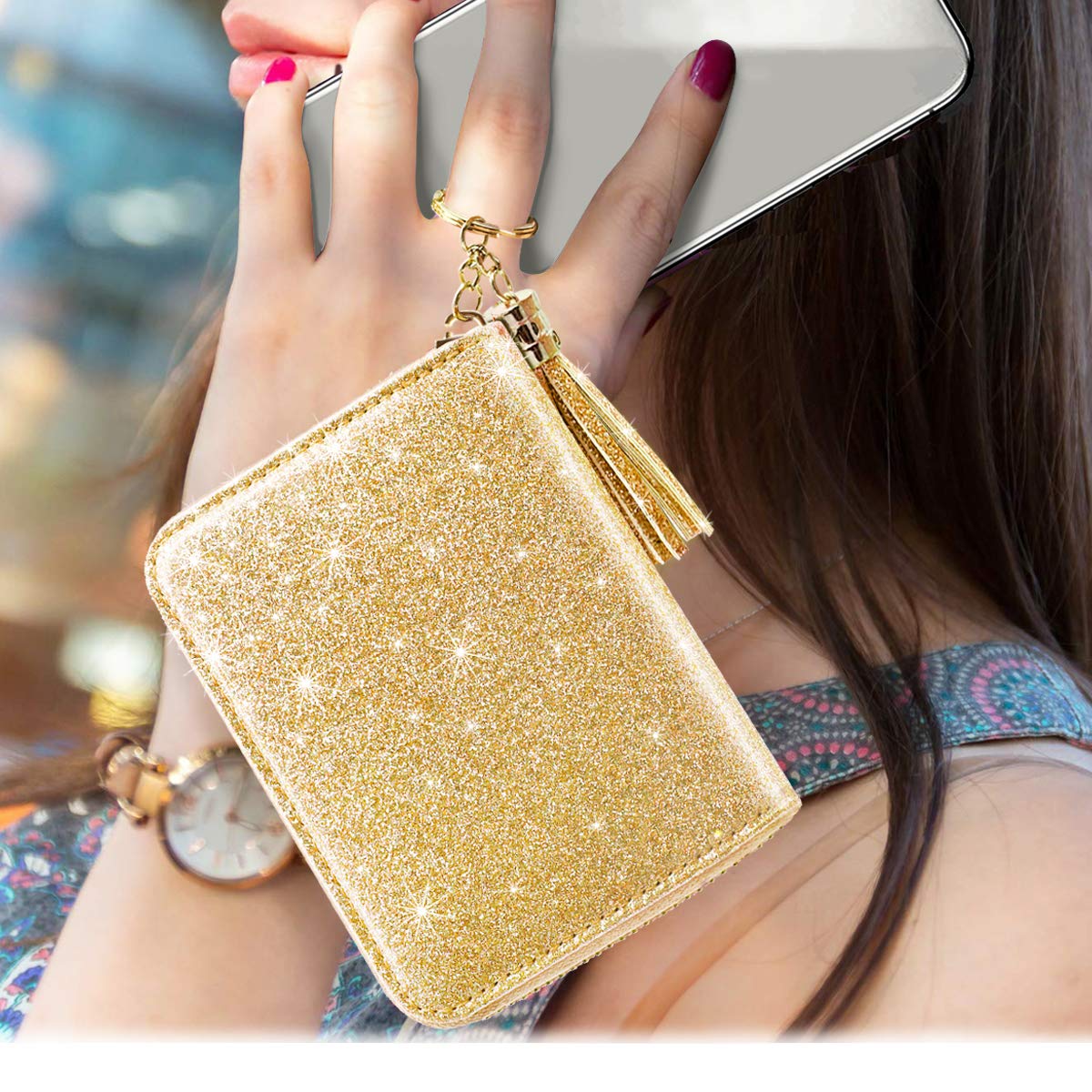 Stylish RFID Blocking Glitter Credit Card Holder for Women - Compact & Secure Small Wallet for Credit Cards, ID & Cash - Perfect for Travel, Shopping & Everyday Use