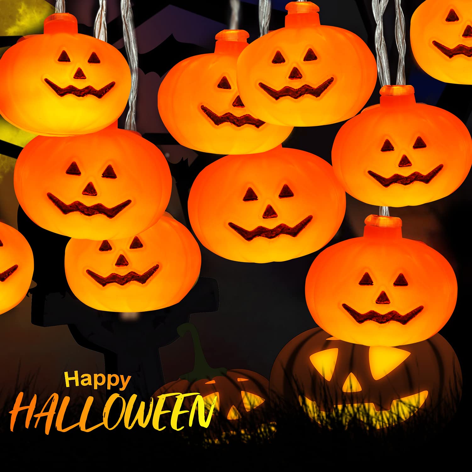 Homemory Halloween Pumpkin String Lights - 20 LED Battery Operated Pumpkin Lights (9.8ft) with 2 Lighting Modes for Indoor/Outdoor Decor | Perfect for Halloween Party, Porch, Yard, and Garden Decoration