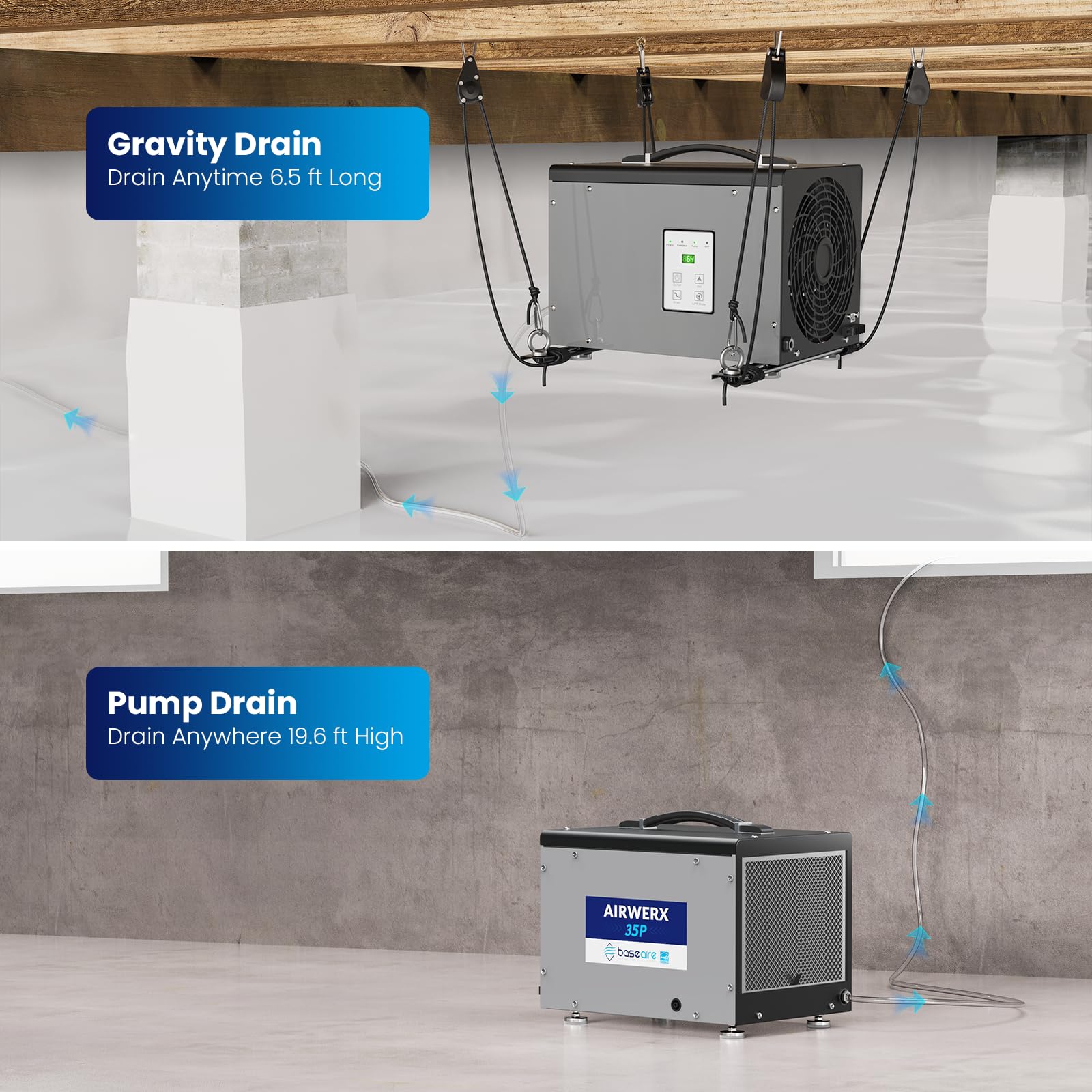 BaseAire 70-Pint Commercial Crawl Space Dehumidifier with Built-in Pump & Drain Hose - Energy Star Certified Compact Dehumidifier for Home, Basement & Garage - Perfect for High Humidity Areas, Water Damage Prevention & Mold Control