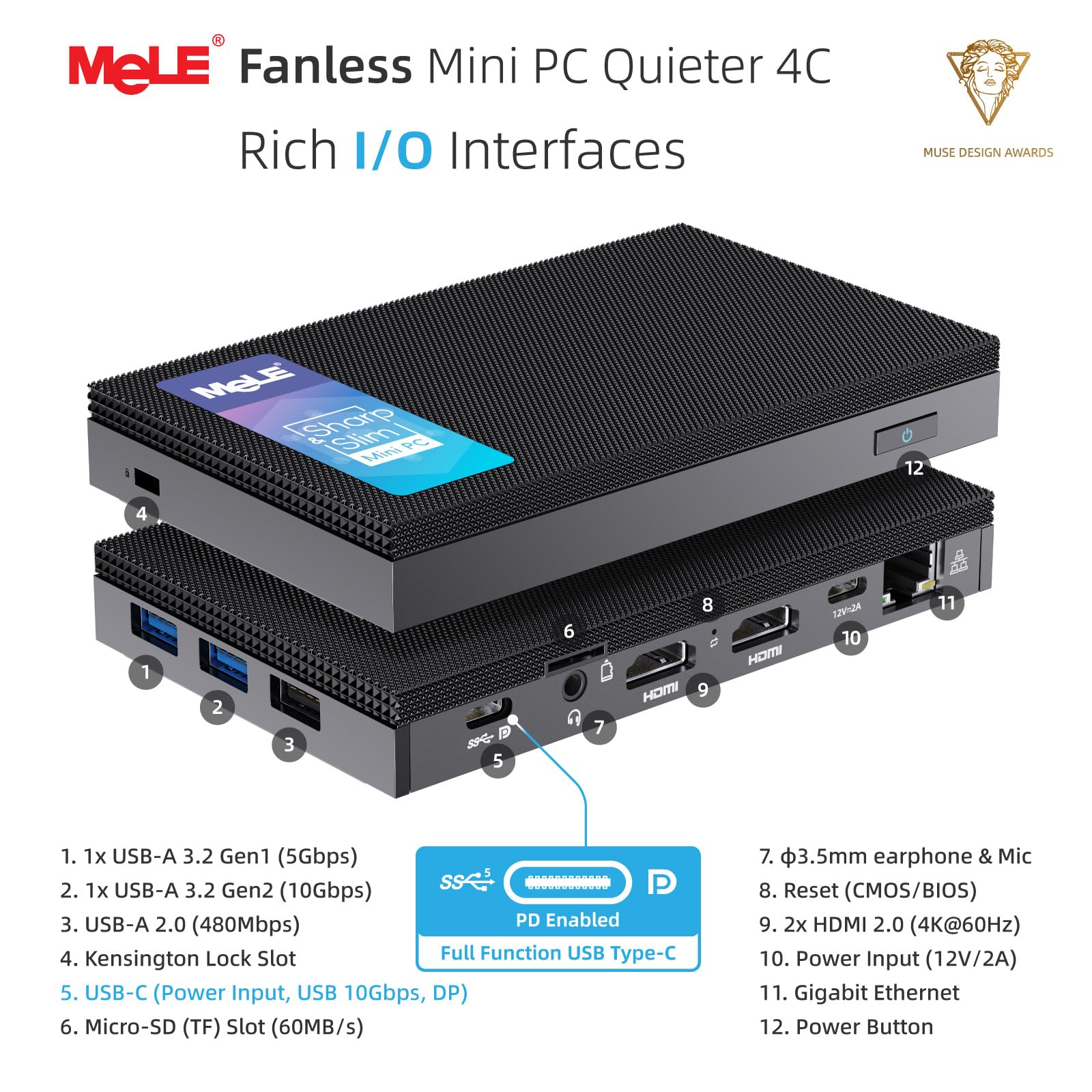 MeLE Quieter 4C Mini PC - Intel 12th Gen N100 Fanless Computer, 16GB RAM 512GB SSD, Dual-Band WiFi, USB-C, 4K Triple Display - Perfect for Home Office, Remote Work, Digital Signage & Gaming