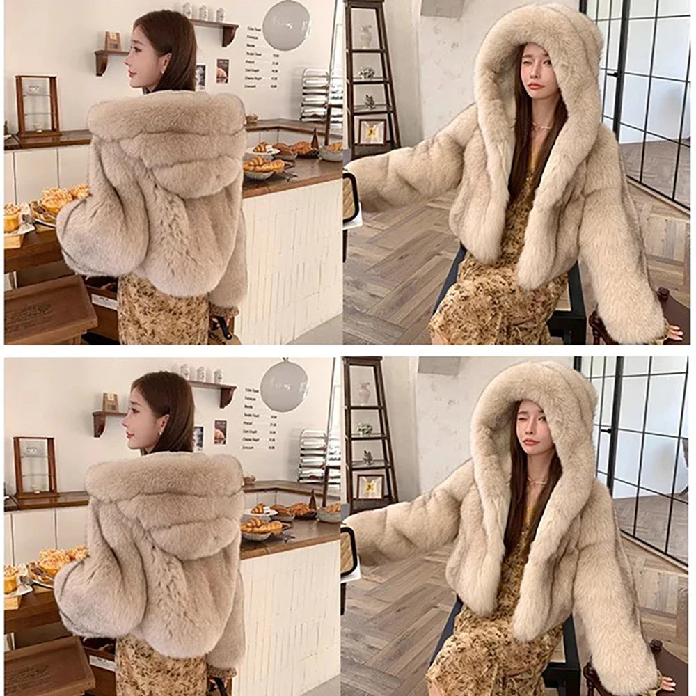 Luxury Faux Fur Coat for Women - Soft Warm Hooded Jacket, Vintage Style Winter Outerwear for Casual Outings & Holiday Parties