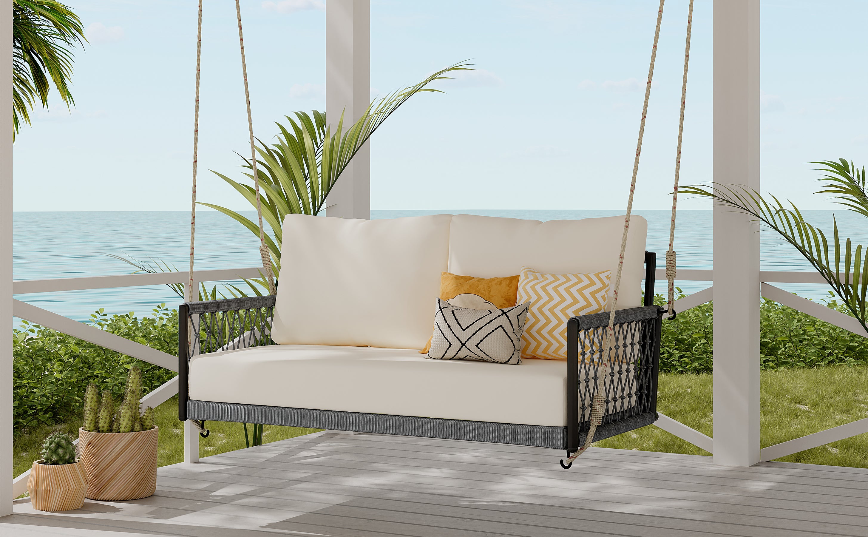 1 Piece Woven Rope Outdoor Swing Sofa with Soft Cushions - Seats 2 People - Perfect for Patio, Garden, Balcony & Backyard Relaxation (Beige) | Weather-Resistant Hanging Chair for Porch, Poolside & Outdoor Living Spaces
