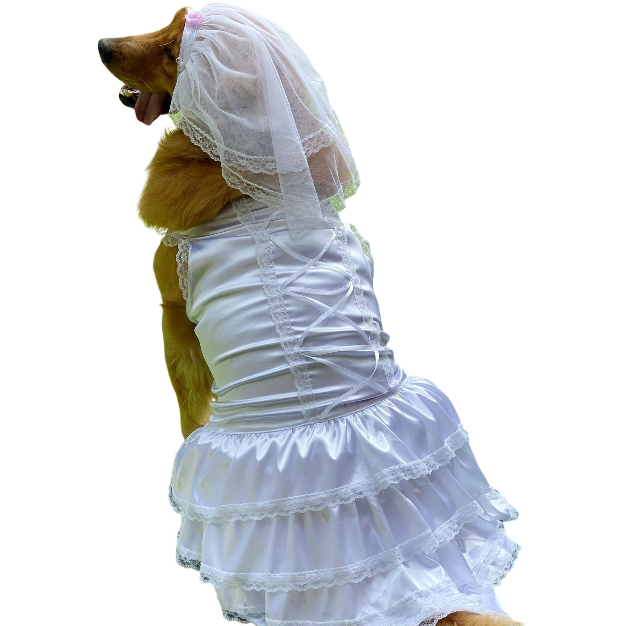Luxury Lace Dog Wedding Dress with Headpiece - Soft & Comfortable Bride Costume for Small, Medium & Large Dogs (White, XL) | Perfect for Pet Weddings, Photo Shoots & Special Occasions