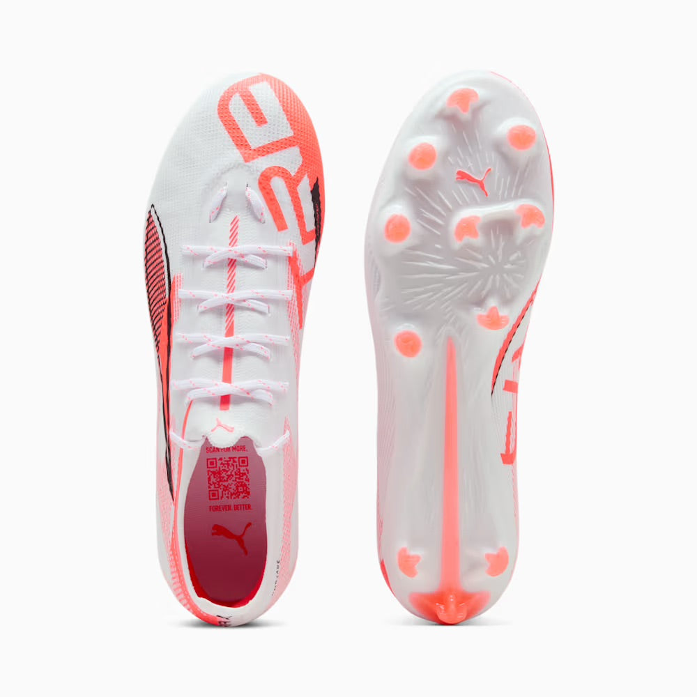 Puma Ultra 5 Pro FG/AG Soccer Cleats for Men - Lightweight Football Boots in White/Black/Glowing Red - Perfect for Artificial Grass & Firm Ground - Ideal for Competitive Matches & Training Sessions