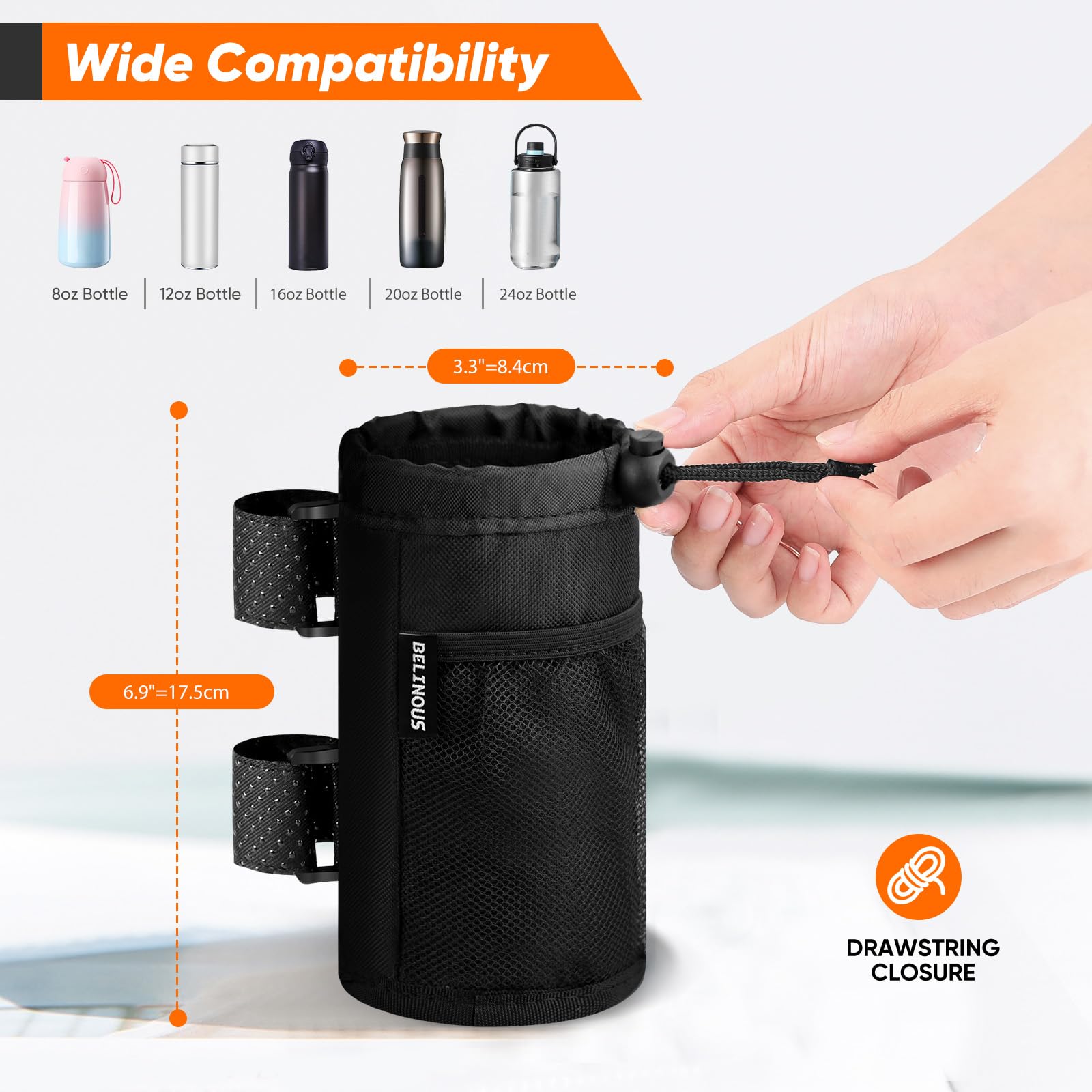 Belinous Universal Bike Cup Holder - Adjustable Water Bottle Holder for 8-24oz Bottles | Compatible with Bicycles, Scooters, Wheelchairs, UTVs, Golf Carts & Boats | Includes Net Pockets & Hook-and-Loop Straps | Perfect for Cycling, Outdoor Adventures & Daily Commutes