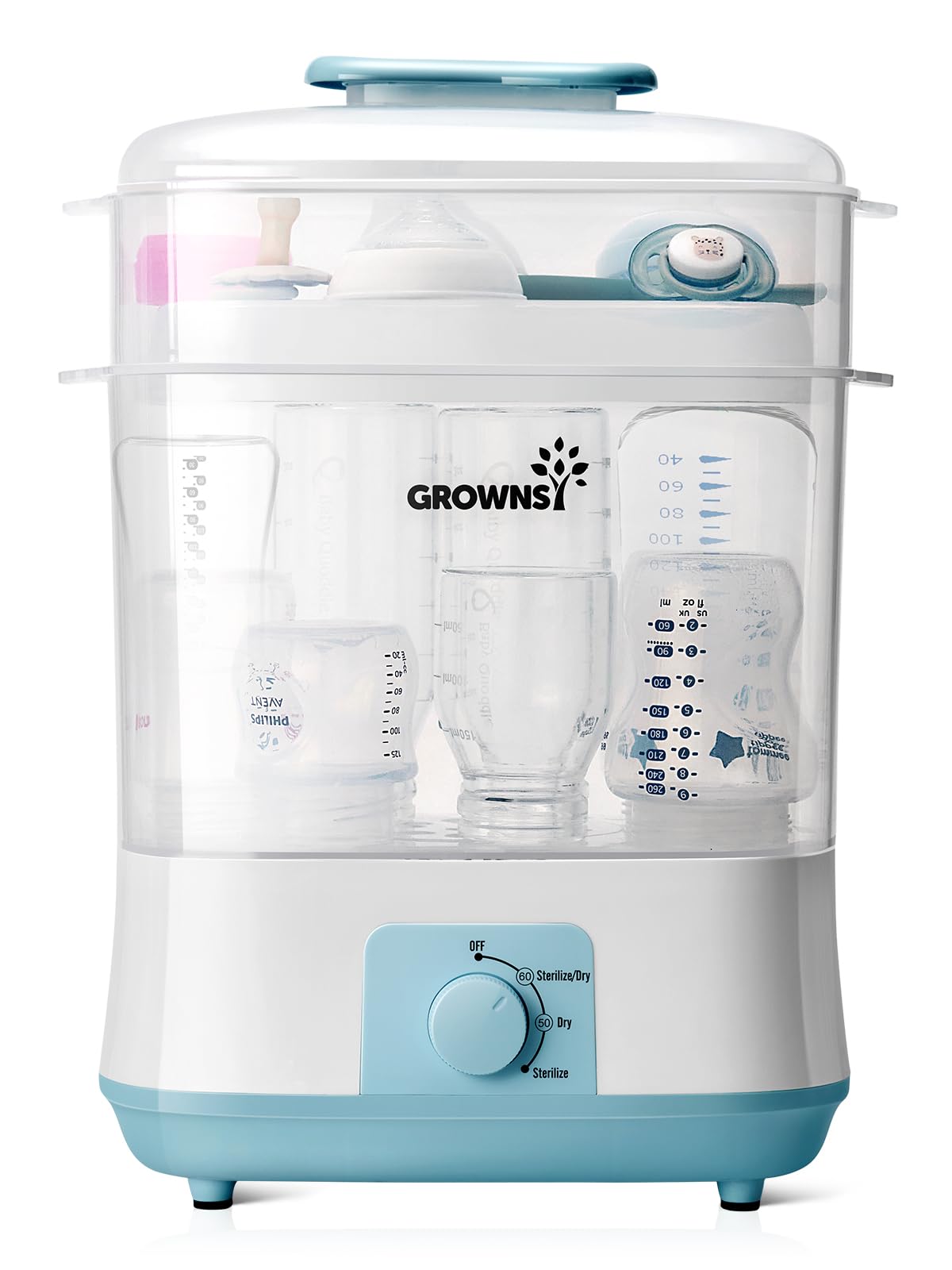 GROWNSY Electric Baby Bottle Sterilizer and Dryer - Steam Sanitizer for Bottles, Pacifiers & Breast Pump Parts (Blue) | Perfect for Nursery, Travel & Daily Baby Care