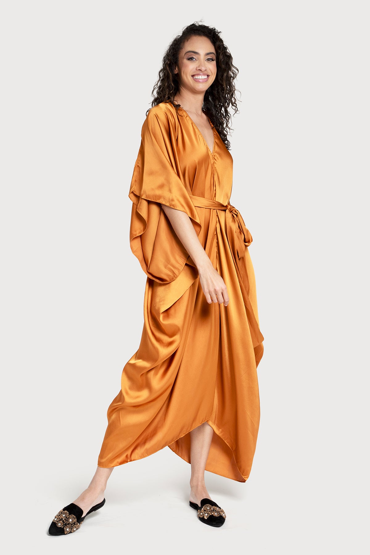 Elegant Satin Kaftan Dress with Tie Front - Flowy Maxi Length for Women | Perfect for Beach Cover Up, Resort Wear, and Summer Evenings