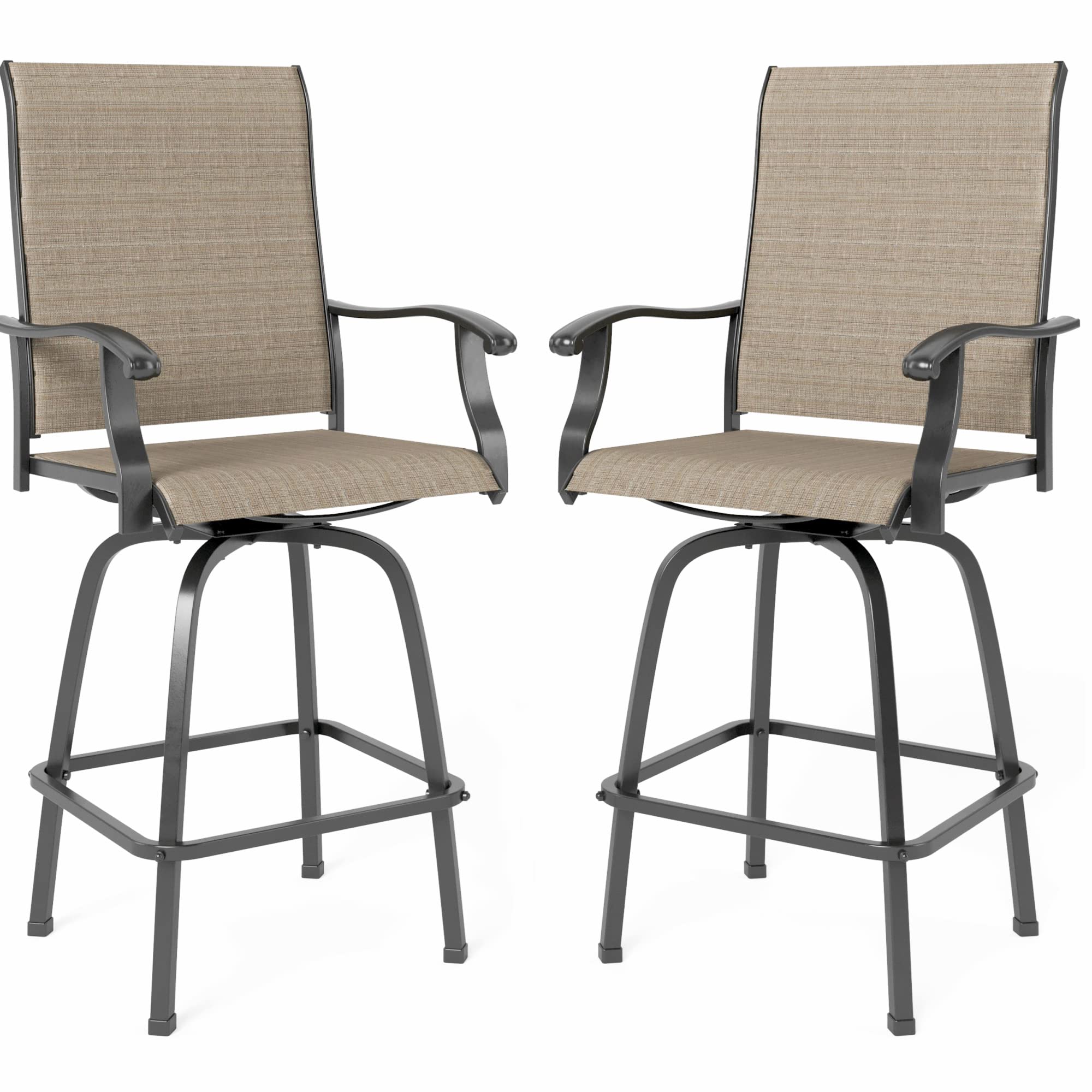 MFSTUDIO 2 Pack Outdoor Swivel Bar Stools - Patio Bar Height Chairs with Breathable Sling Fabric, All-Weather Resistant, Brown - Perfect for Backyard, Deck, Poolside & Garden Use