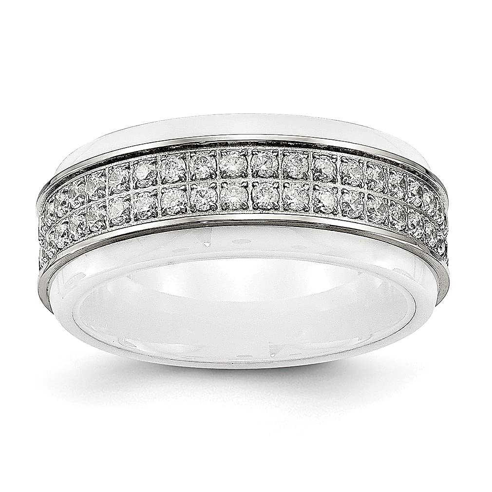 ICE CARATS Stainless Steel White Ceramic Cubic Zirconia Cz Ridged Edge Band Ring - Elegant Wedding & Fashion Jewelry for Women - Perfect Anniversary & Birthday Gift for Her - Ideal for Bridal, Engagement & Special Occasions