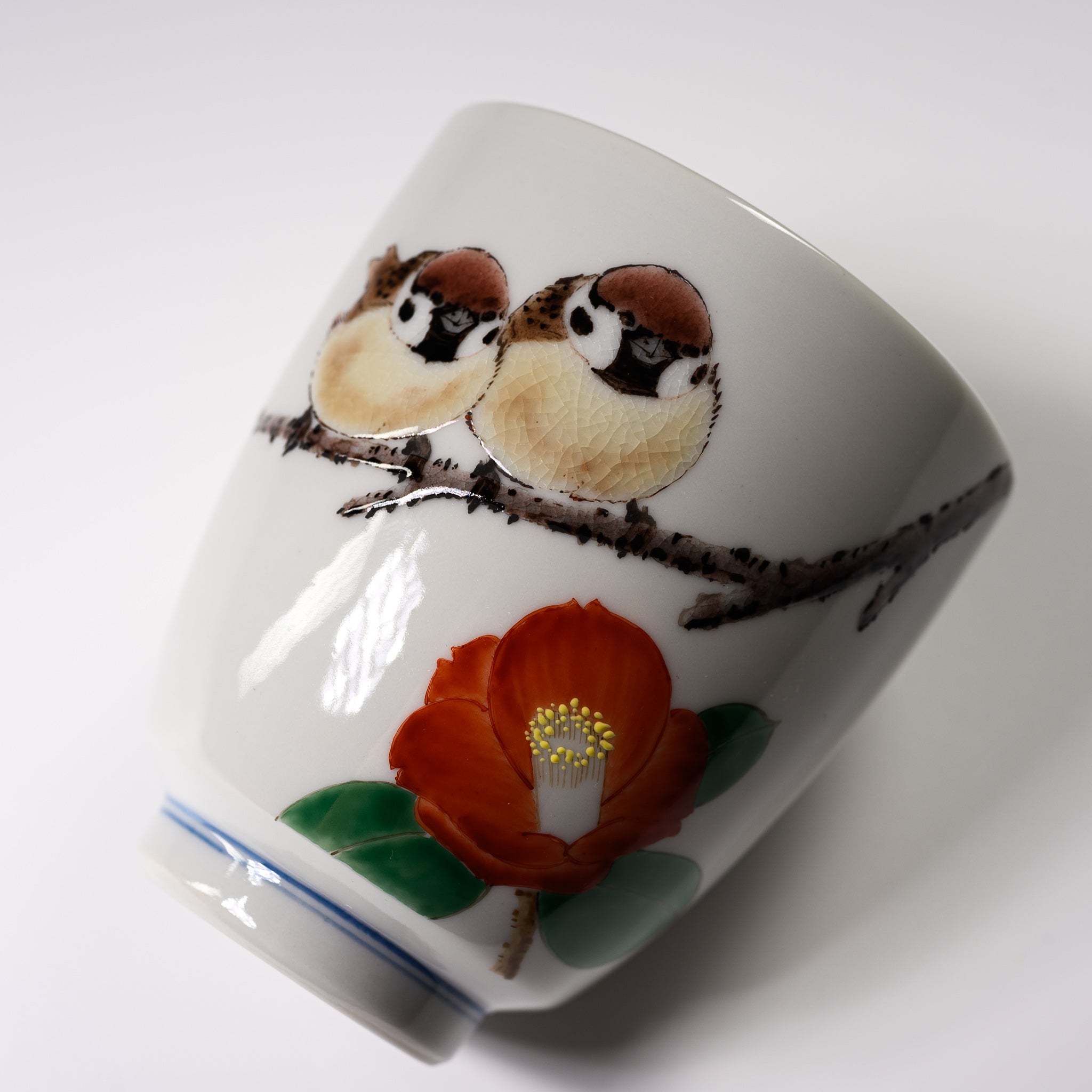 Authentic Kutani Ware Yunomi Tea Cup - Nakamura Toshito Handcrafted Sparrow & Camellia Design - Japanese Ceramic Tea Cup for Matcha, Green Tea, or Daily Use - Perfect Gift for Tea Lovers