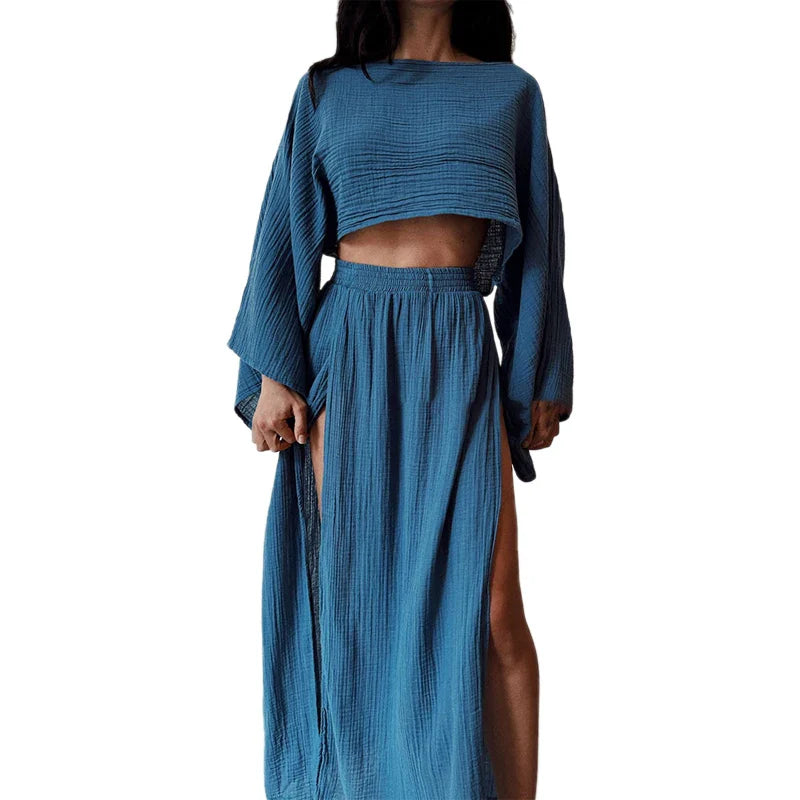 Stylish Women's Linen 2-Piece Set - Crop Top & High Waist Slit Maxi Skirt | Summer Beach Cover Up, Lounge Wear & Vacation Outfit | Breathable Linen Fabric for Casual, Boho & Date Night Looks