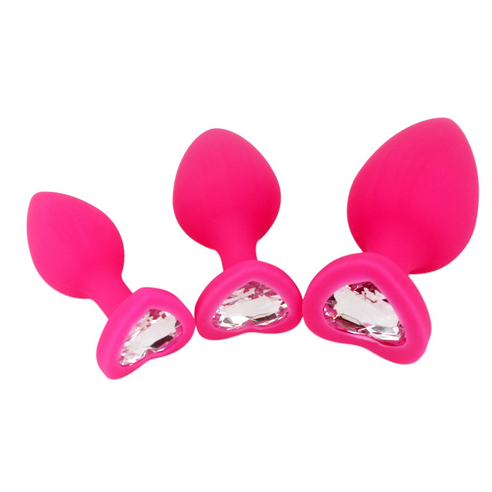 3PCS Anal Sex Trainer Kit - Heart Shaped Silicone Jeweled Butt Plugs for Beginners (Pink) | Comfortable & Safe Anal Play for Couples & Solo Use | Perfect for BDSM, Foreplay & Adult Intimacy