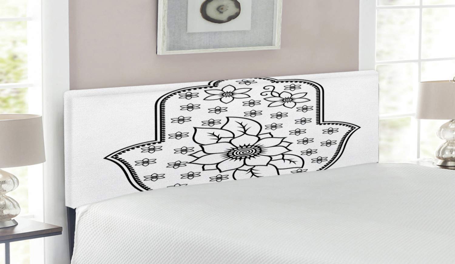 Ambesonne Hamsa Headboard - Queen Size Upholstered Metal Bed Frame with Memory Foam | Lotus Blossoms Kabbalah Floral Design in White & Black | Perfect for Bedroom Decor, Meditation Spaces & Boho Chic Interiors