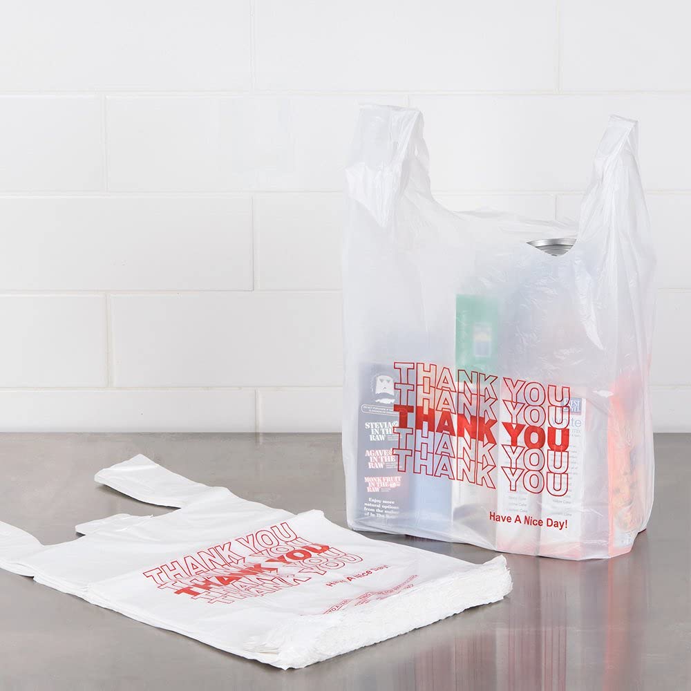 White Plain Plastic Grocery Bags 11.5x6.5x21.5 Inches - 300 Count T-Shirt Bags with Thank You Print for Retail Stores, Takeout & Food Packaging