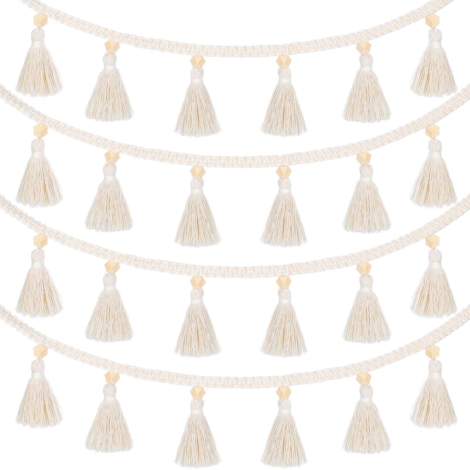 Boho Macrame Tassel Garland - 4 Pack 37.4 Inch Hanging Tassel Bunting for Classroom, Nursery, Birthday Party, Bedroom & Dorm Decor - Perfect for Boho Style Home, Baby Shower & Wedding Decorations
