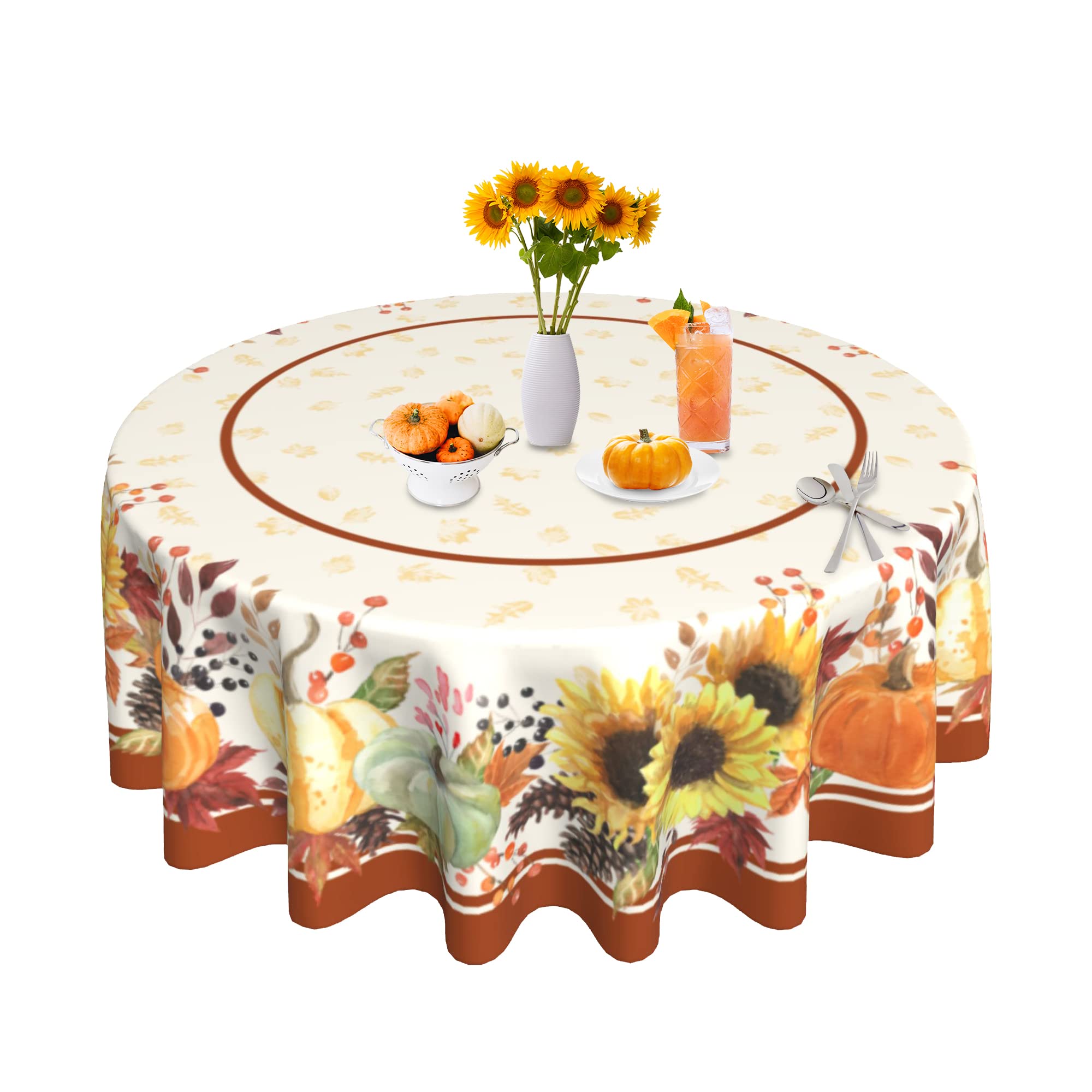 60 Inch Round Fall Tablecloth - Waterproof, Anti-Wrinkle Thanksgiving Table Cover with Autumn Pumpkin & Sunflower Design for Kitchen, Dining Room, Outdoor Gatherings & Holiday Decor