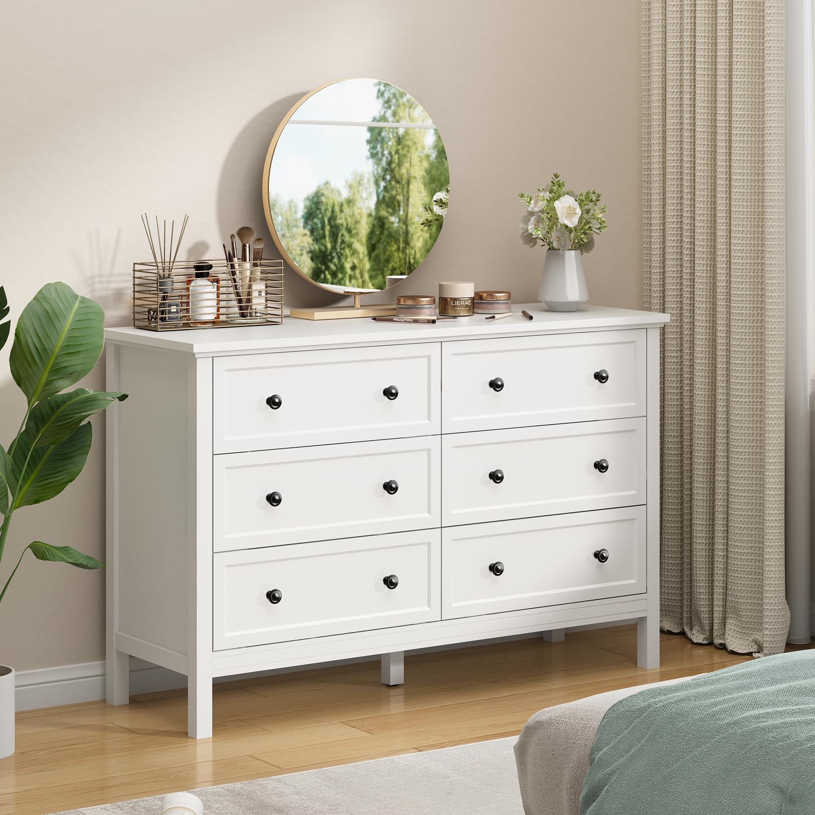 White 6-Drawer Dresser for Bedroom - Solid Wood Chest with Wide Drawers & Metal Handles - Modern Storage Cabinet for Hallway, Entryway, Closet Organization - Perfect for Bedroom Furniture, Home Decor & Small Space Storage Solutions