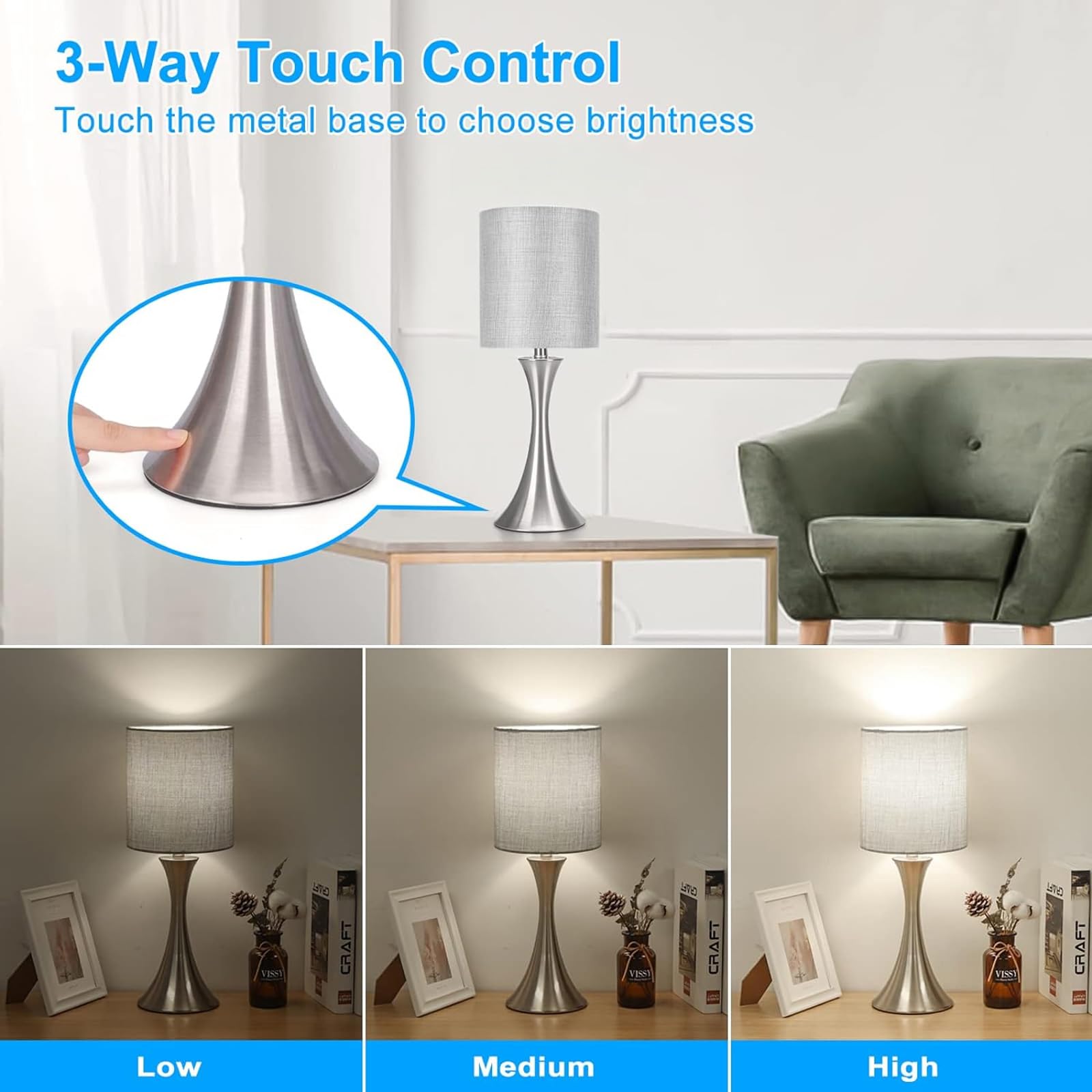3-Way Touch Control Dimmable LED Table Lamp - Modern Bedside Desk Lamp with Metal Base & Stylish Grey Shade for Bedroom, Living Room, Office - Perfect for Reading, Working & Nightstand Lighting (Bulb Included)