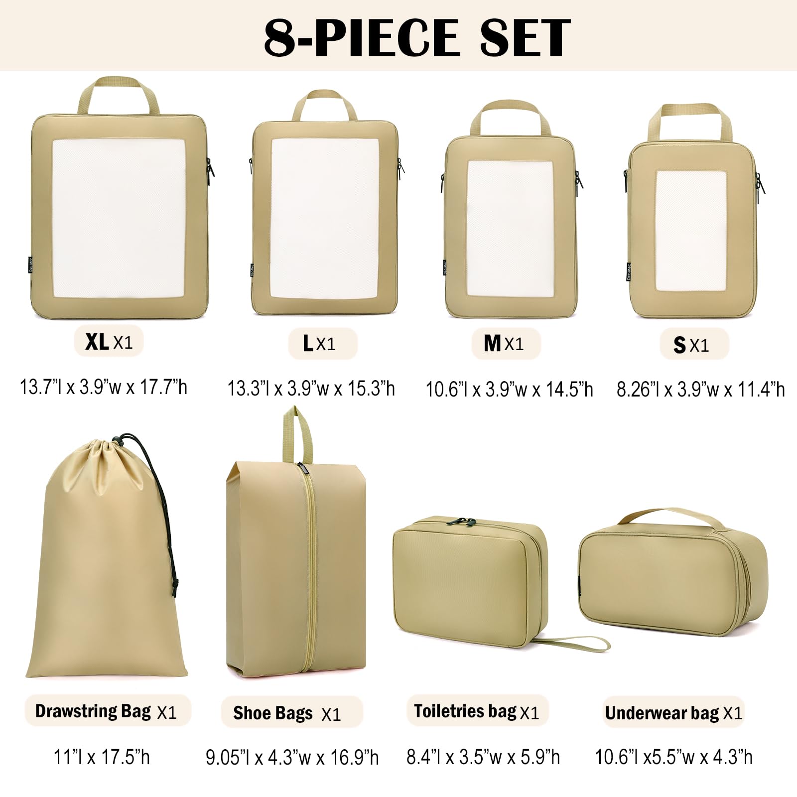 8-Piece Compression Packing Cubes Set with Toiletry Bag - Travel Luggage Organizers for Suitcases, Carry-Ons & Backpacks - Perfect for Business Trips, Vacations & Weekend Getaways (Tan)