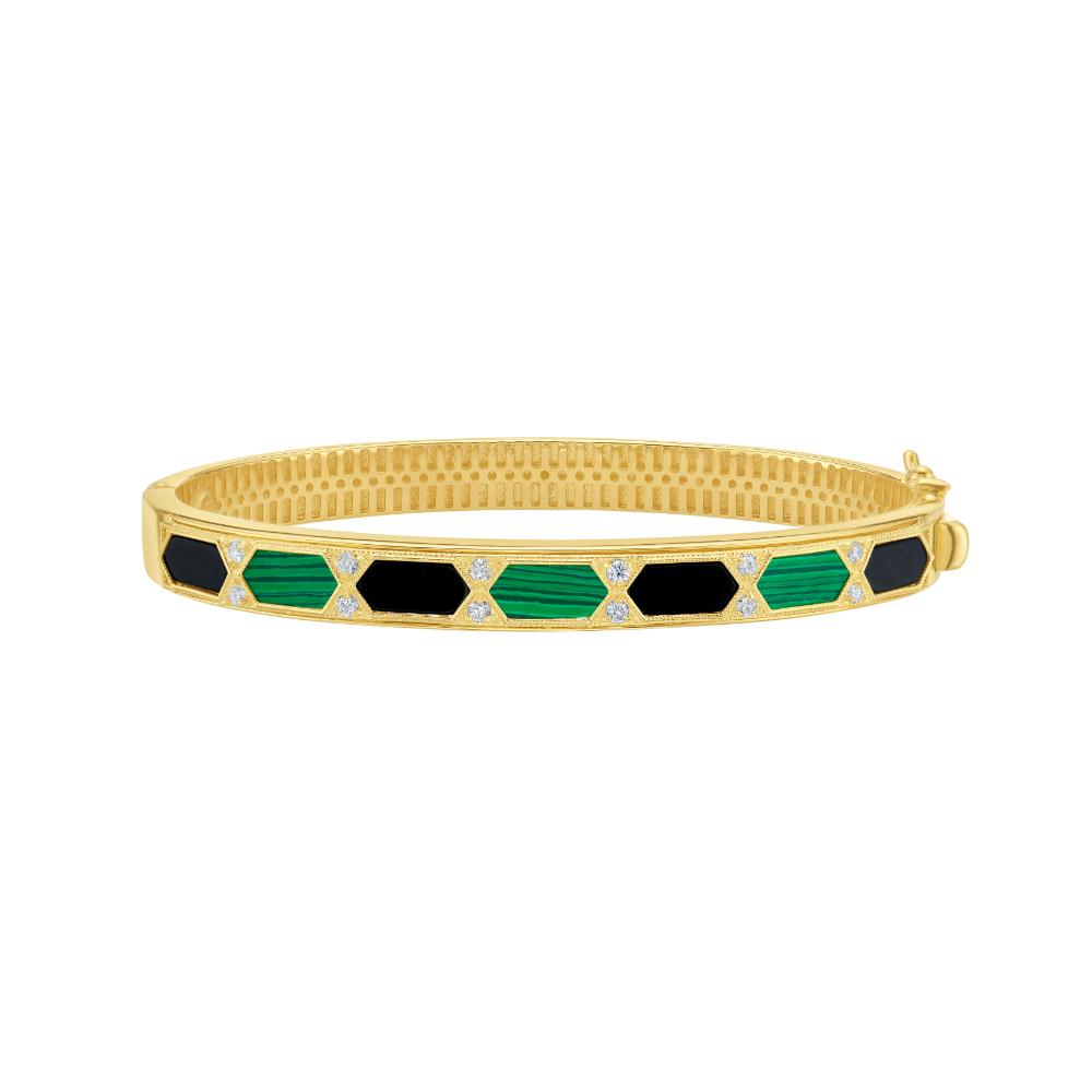 14K Gold Black & Green Art Deco Hexagon Bracelet for Women - Elegant Vintage Style Jewelry Gift for Birthday, Anniversary & Special Occasions