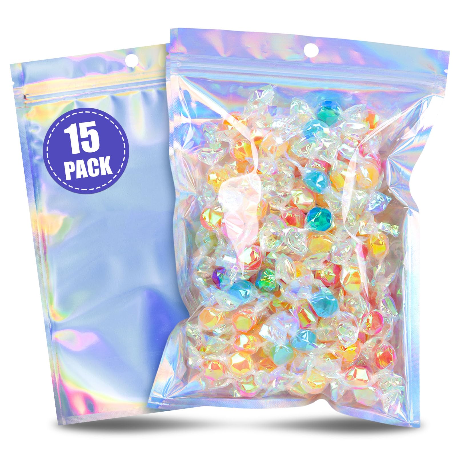 VGOODALL 15 Pack Holographic Mylar Bags 6x9 Inch - Resealable Smell Proof Food Storage Bags, Iridescent Party Favor Bags for Candy, Cookies, Snacks & Cannabis Storage - Perfect for Parties, Gifts & Home Organization