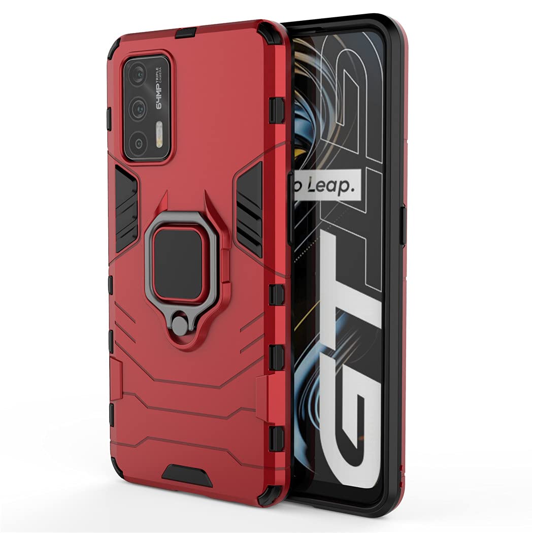 Oppo Realme GT 5G Case | Realme GT Neo Shockproof Hard Bumper Cover with Metal Ring Grip & Kickstand | Magnetic Car Mount Compatible | Dual Layer Rugged Protection (Red) - Perfect for Outdoor Activities & Daily Use
