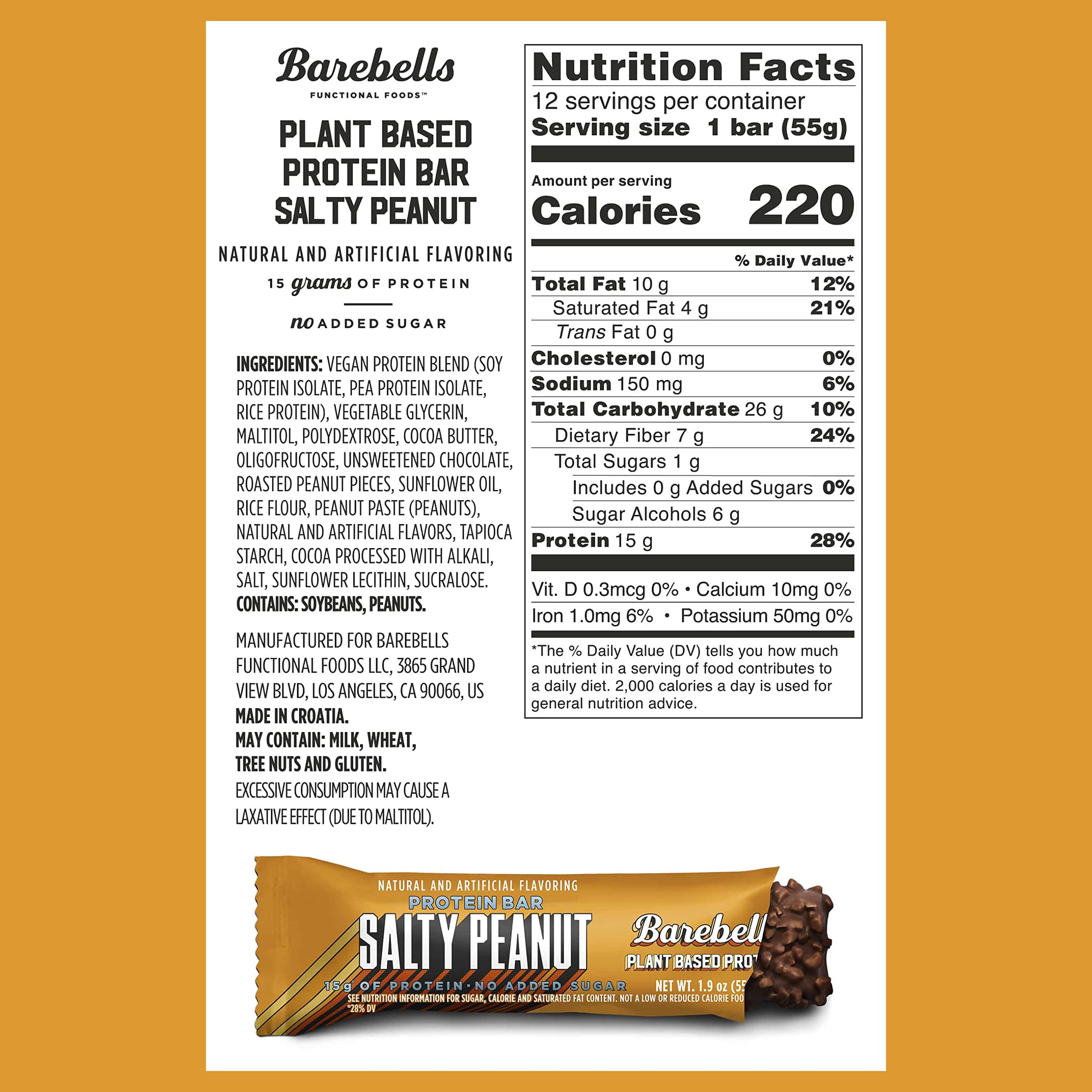 Barebells Vegan Protein Bars Salty Peanut - 12 Count (Pack of 2) | Plant-Based High Protein Snack with 15g Protein & 1g Sugar | Low Sugar Chocolate Protein Bars for Breakfast, Gym, Workout & On-The-Go Energy
