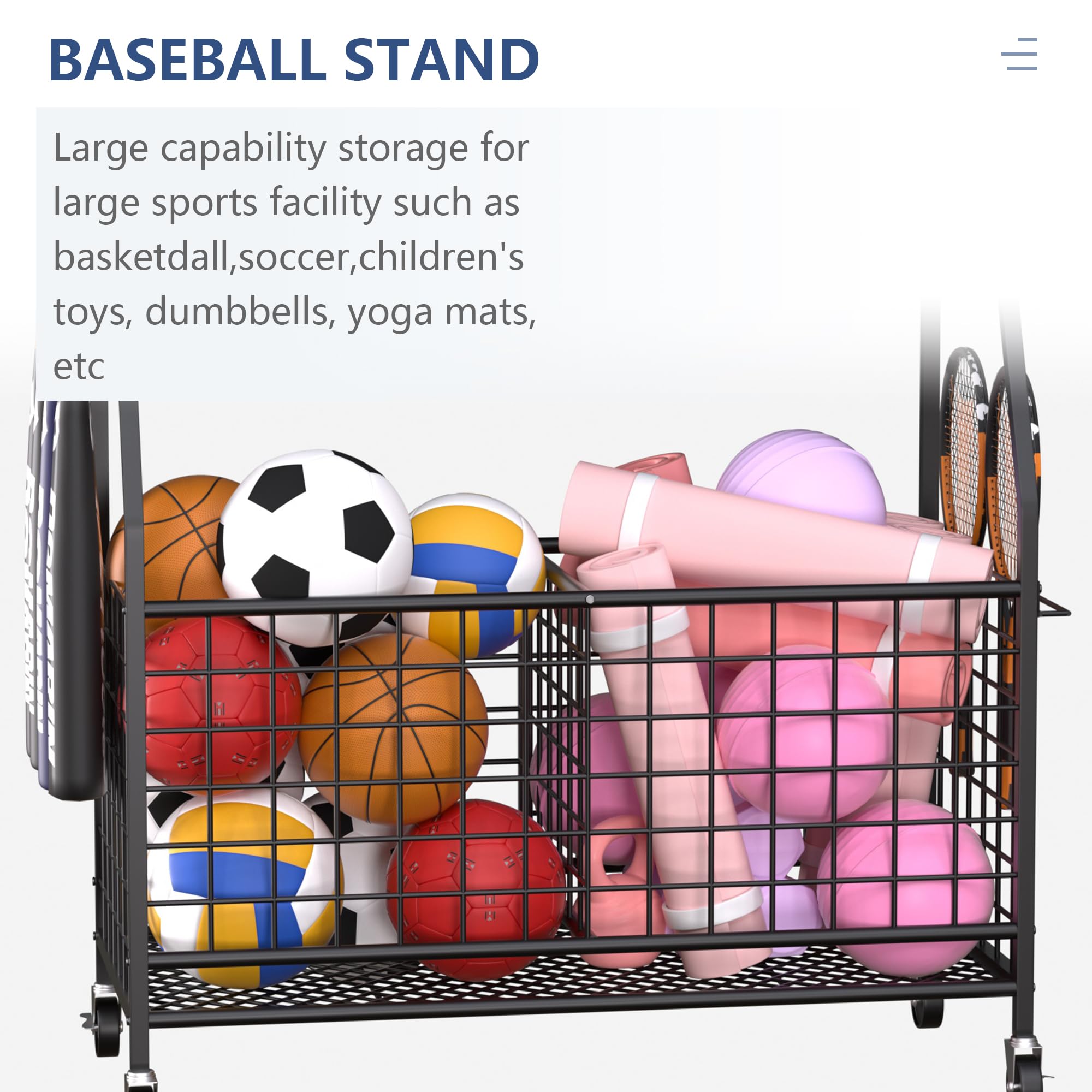 Sports Equipment Organizer - Heavy Duty Garage Storage Rack for Balls & Gear | Black Space-Saving Cart | Perfect for Basketball, Soccer & Baseball Organization