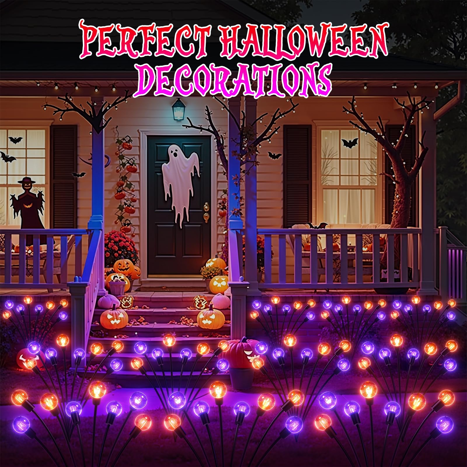 4 Pack Halloween Solar Lights Outdoor - Purple & Orange 32 LED Swaying Decorations with 2 Modes - Waterproof Yard Garden Party Decor for Halloween, Christmas, Patio & Pathway Lighting
