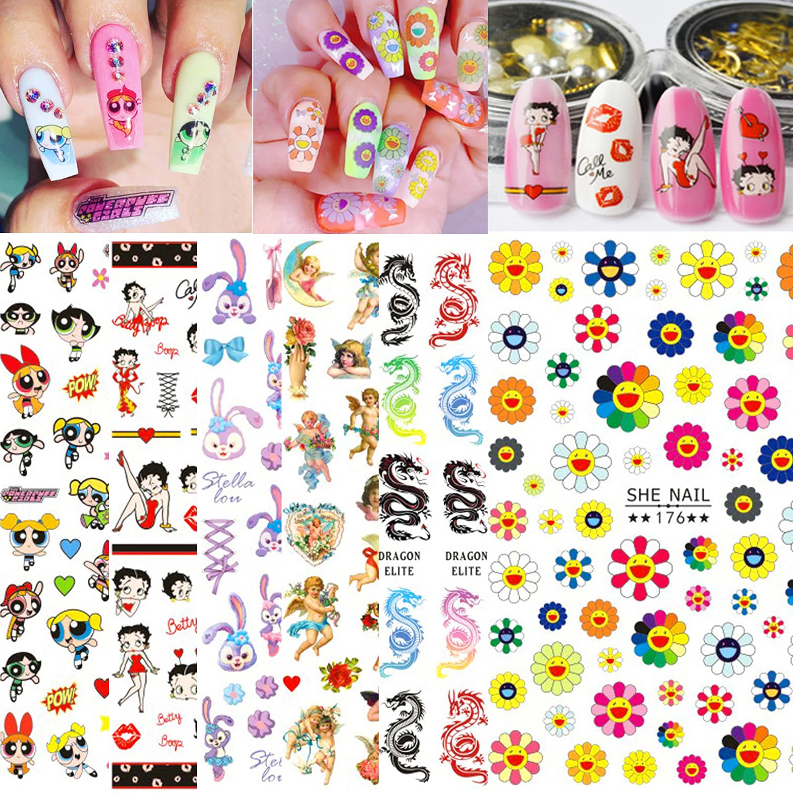 3D Cartoon Self-Adhesive Nail Art Stickers - Waterproof Nail Decals for DIY Nail Design - Perfect for Parties, Weddings, and Everyday Fashion Accessories