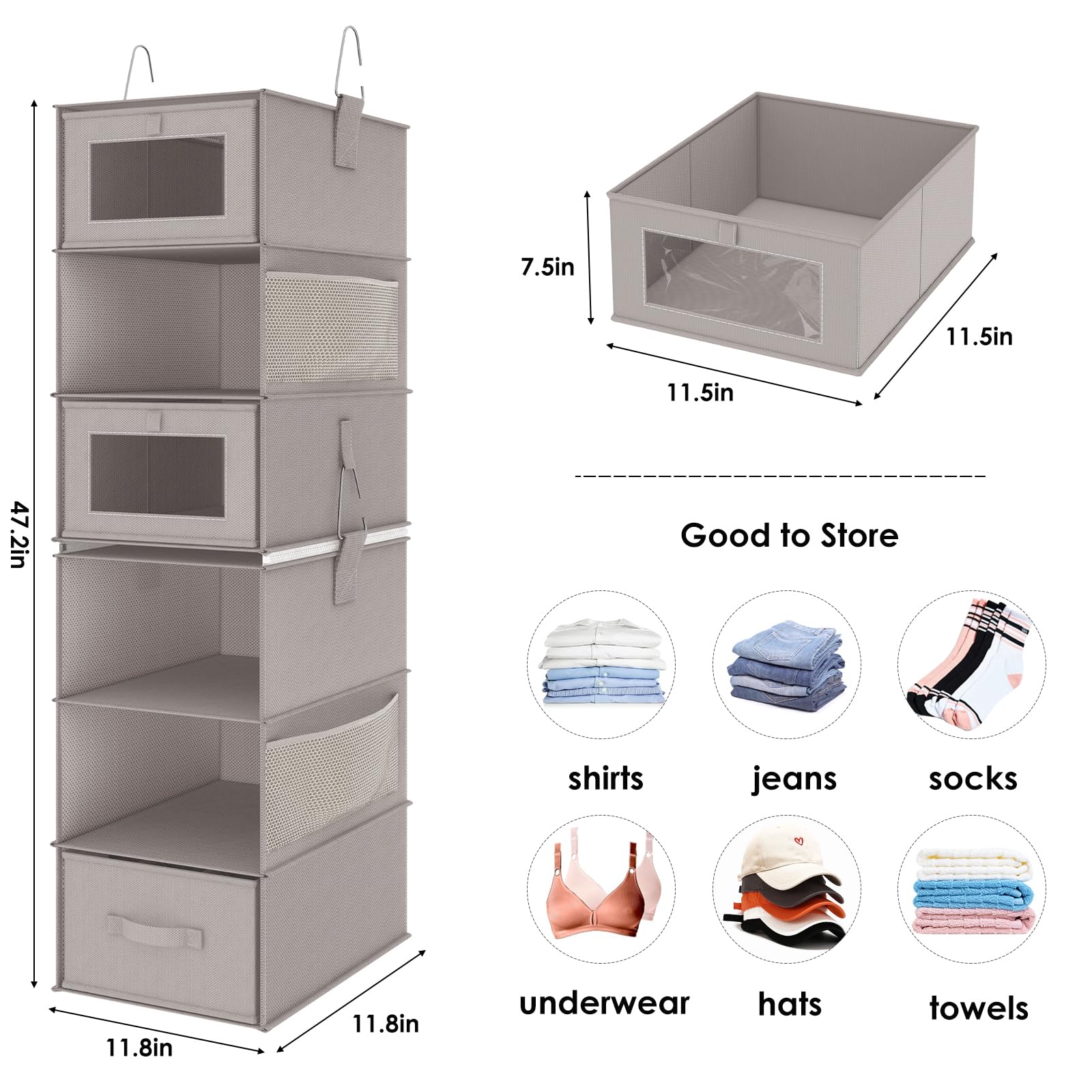 Fixwal 6-Tier Hanging Closet Organizer with 3 Drawers - Space Saving Shelves for Clothes, Shoes & Accessories - Perfect for Bedroom, Dorm & Small Space Organization (1 Pack, Gray) - Ideal for Maximizing Closet Space and Keeping Wardrobes Neat