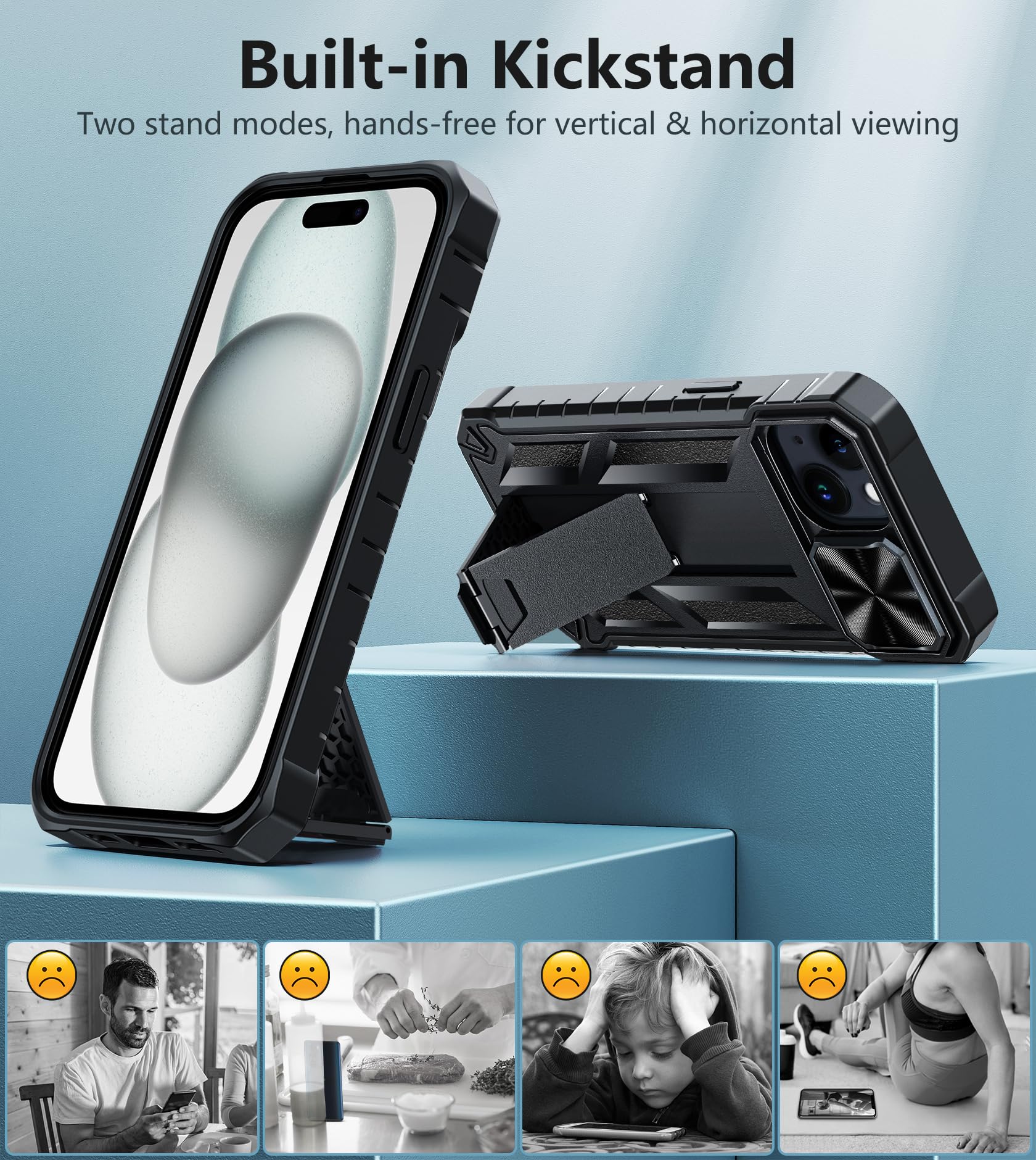 FNTCASE Military Grade Shockproof iPhone 15 Case with Kickstand - Heavy Duty Rugged Protective Cover for iPhone 15 | Anti-Slip Textured Bumper | Perfect for Outdoor Activities, Construction Work & Extreme Sports