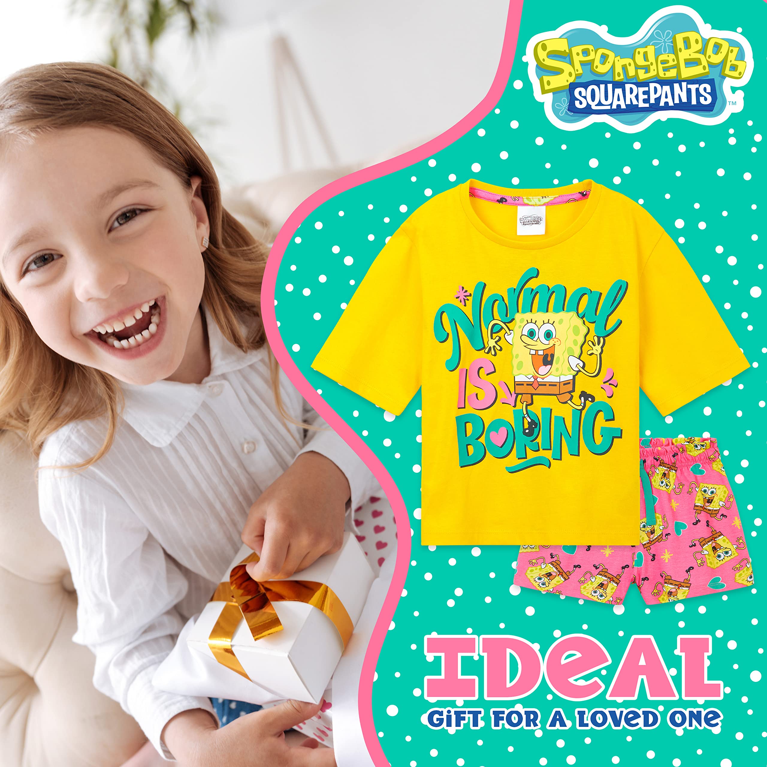 SpongeBob SquarePants Girls Pajama Set - Cute Cartoon Sleepwear & Lounge Wear Cropped T-Shirt - Soft Cotton PJs for Kids - Perfect Birthday Gift for Girls - Ideal for Sleepovers, Bedtime & Relaxing at Home