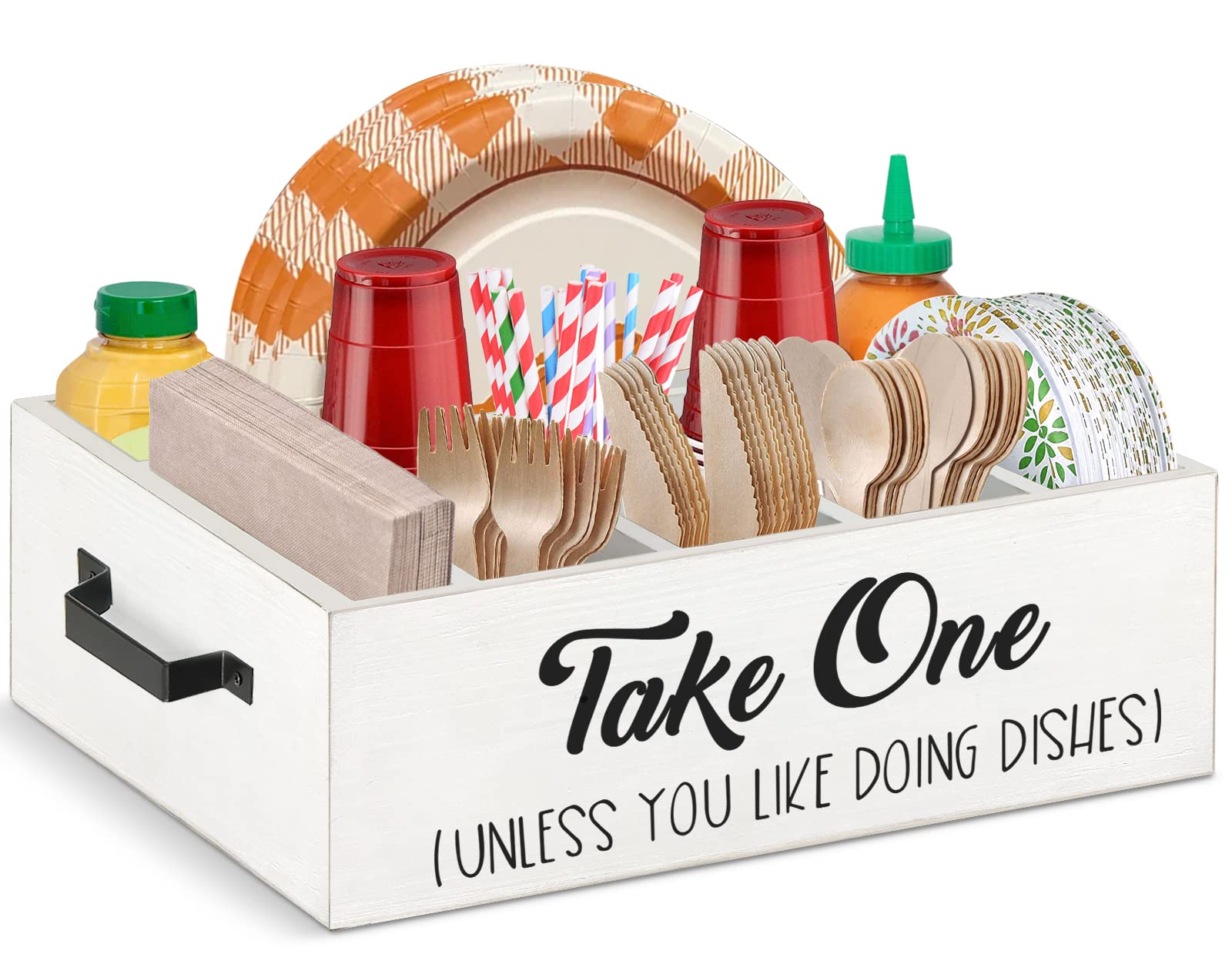 Wooden Kitchen Caddy - 7-Compartment Utensil Holder for Plates, Cups, Forks, Knives, Spoons & Napkins | Space-Saving Organizer for Party, Camping, BBQ & Home Kitchen Storage