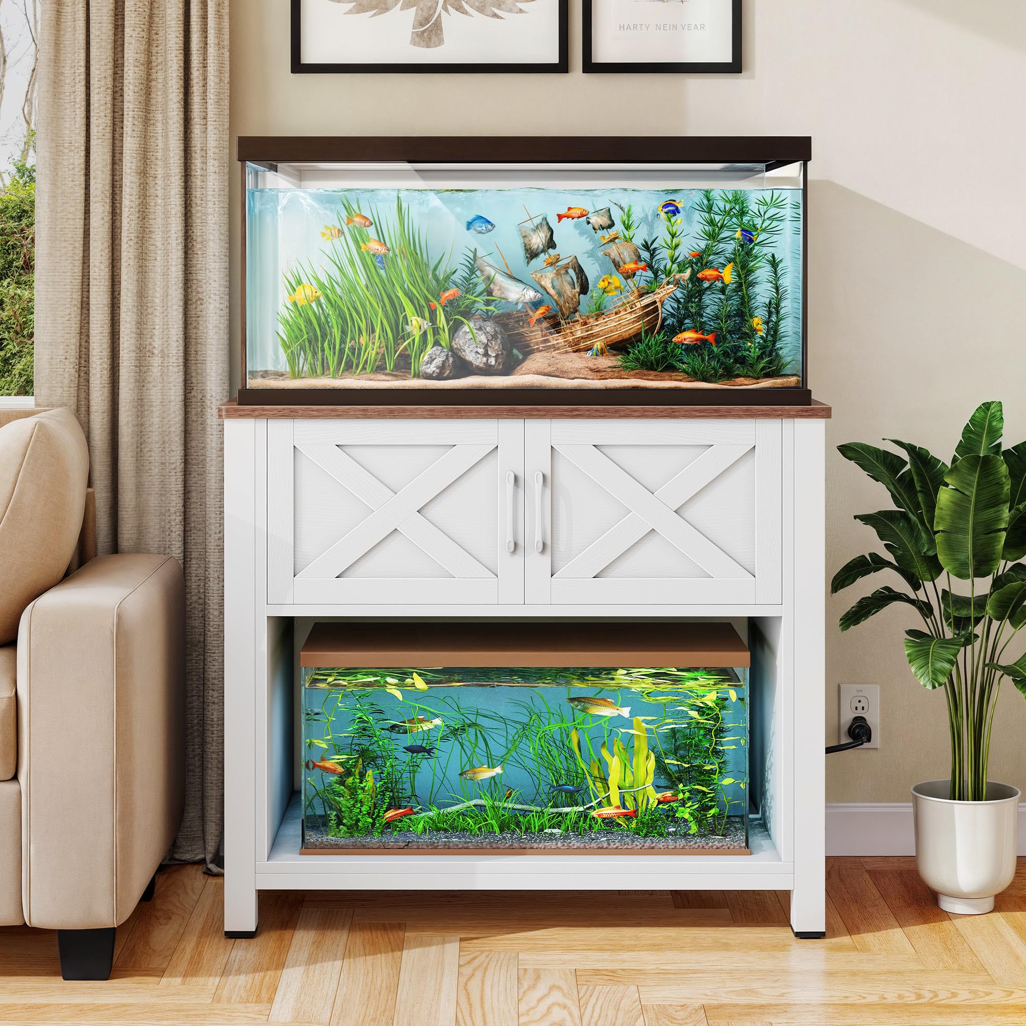 DWVO 40-50 Gallon Aquarium Stand with Power Outlets | Heavy Duty Metal Fish Tank Cabinet for Storage | 660LBS Capacity White Stand for Turtle Tank & Reptile Terrarium | Perfect for Home, Office, or Pet Store Display