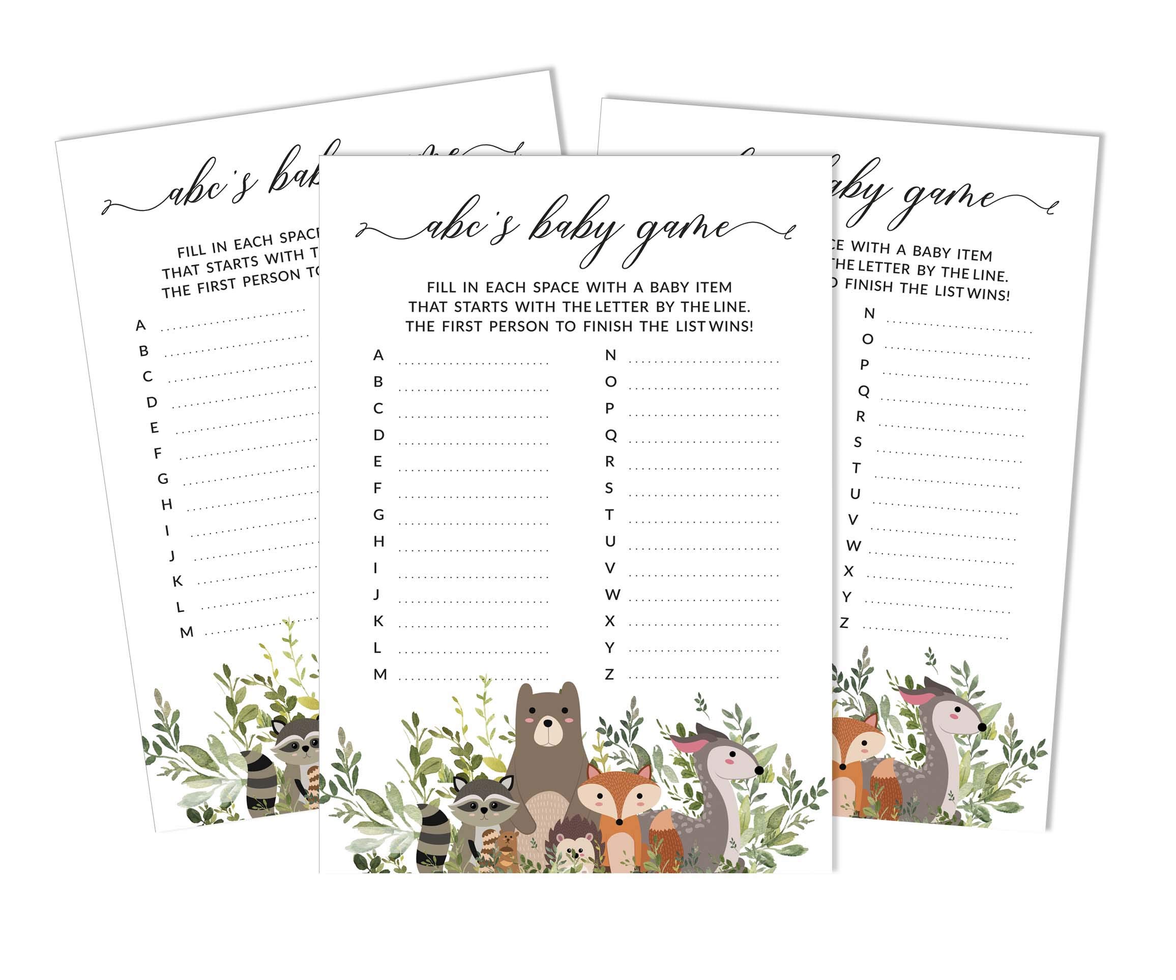 Leaves & Animals Baby Shower Game Set of 50 Baby Alphabet ABC Cards | Gender Neutral Party Supplies for Baby Showers, Birthdays, and Nursery Decor