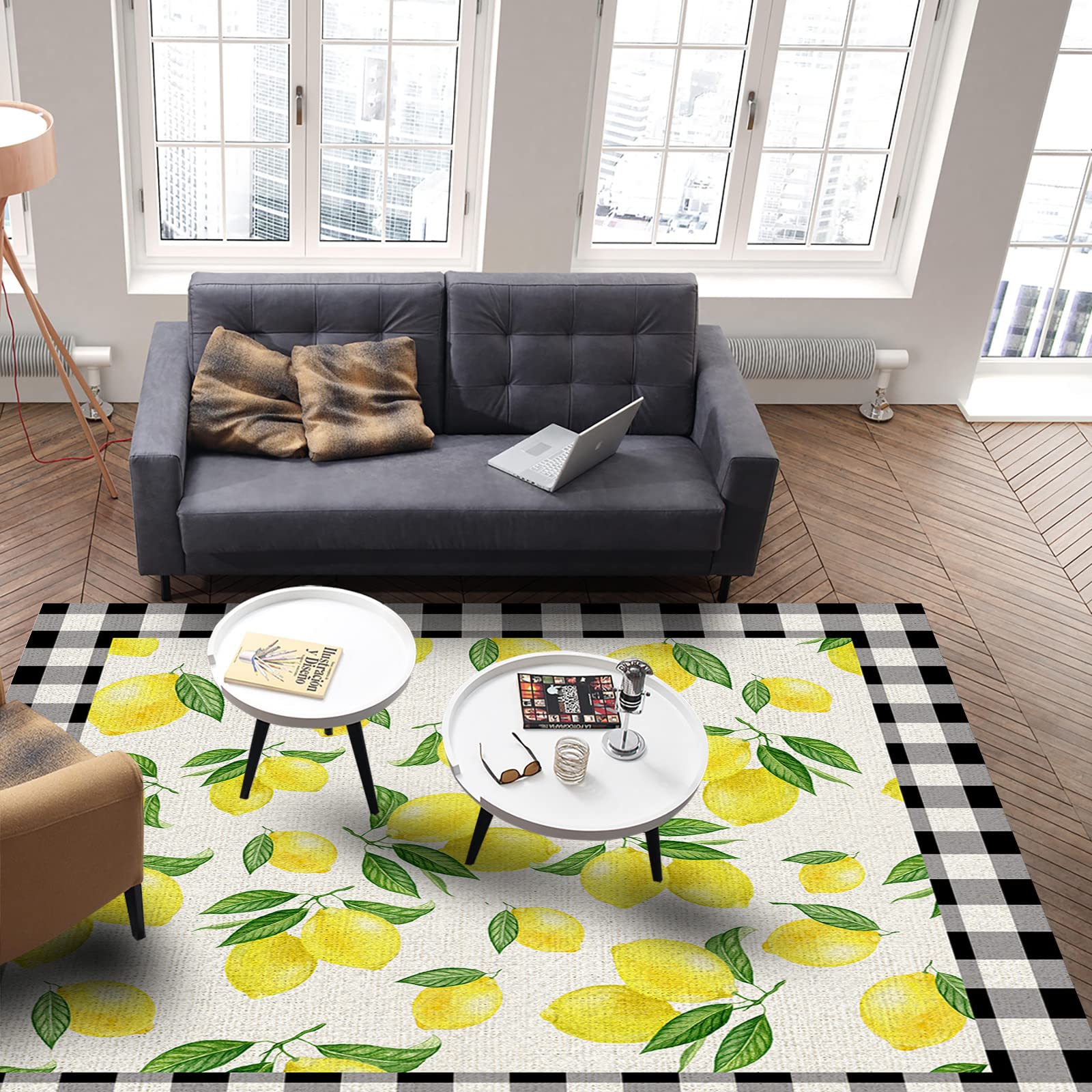 5'x8' Large Non-Slip Area Rug - Farmhouse Lemon Print Plaid Frame Carpet for Bedroom, Living Room, Kitchen, Kids Room | Summer Fruits Design with Burlap Backing | Perfect for Home Decor, Photo Backdrops and Cozy Floor Covering