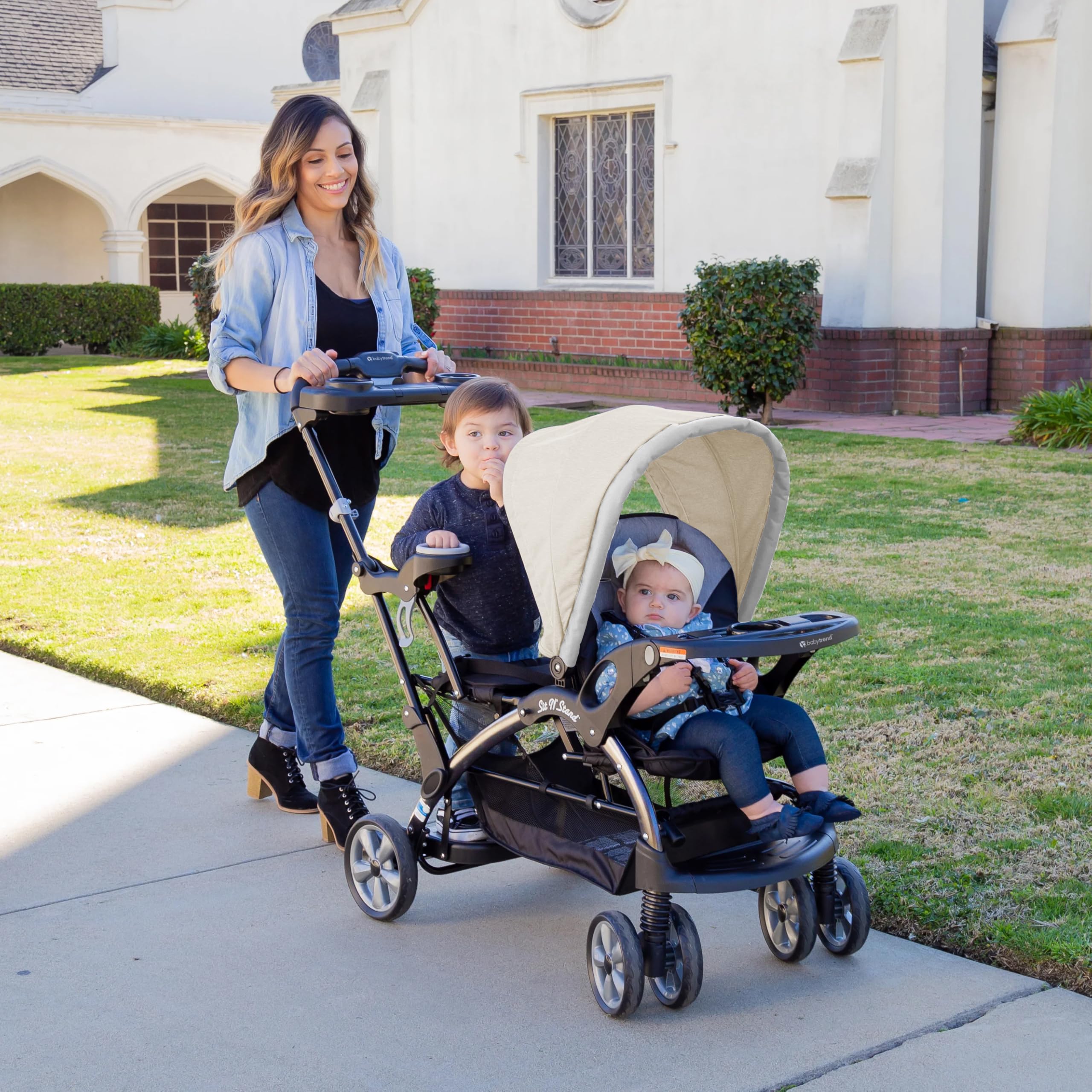 Baby Trend Double Sit N' Stand Stroller for Infant & Toddler - Lightweight Travel Stroller with 5-Point Harness & Storage Basket (Khaki) | Perfect for Twins, Siblings or Daycare Use